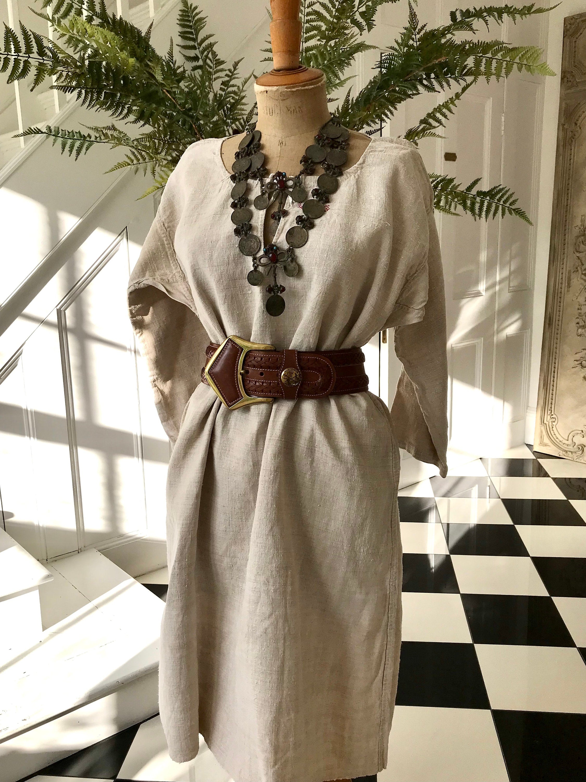 French 1800s hemp linen rustic farmers shirt smock dress