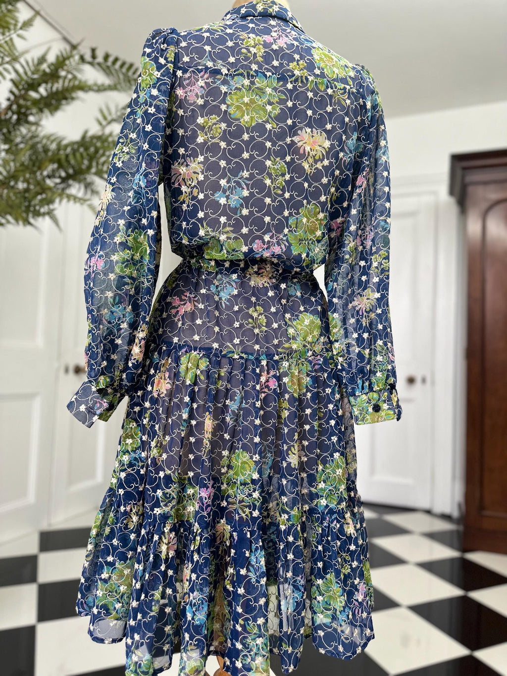 1970s Vintage Organdie Dress: Blue Green Floral Embroidered Long Sleeve