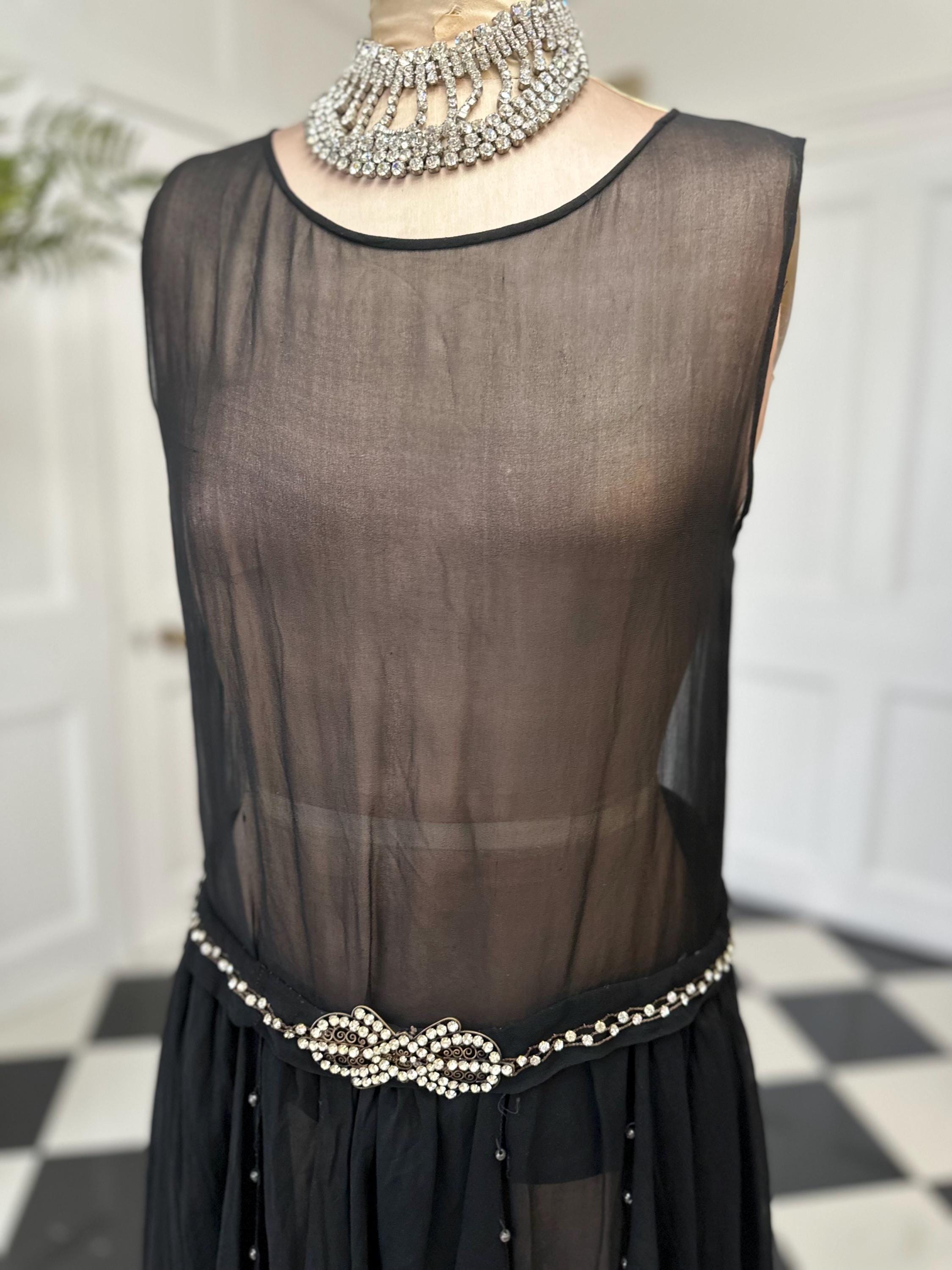 1920s Black sheer dress with diamond waistline details