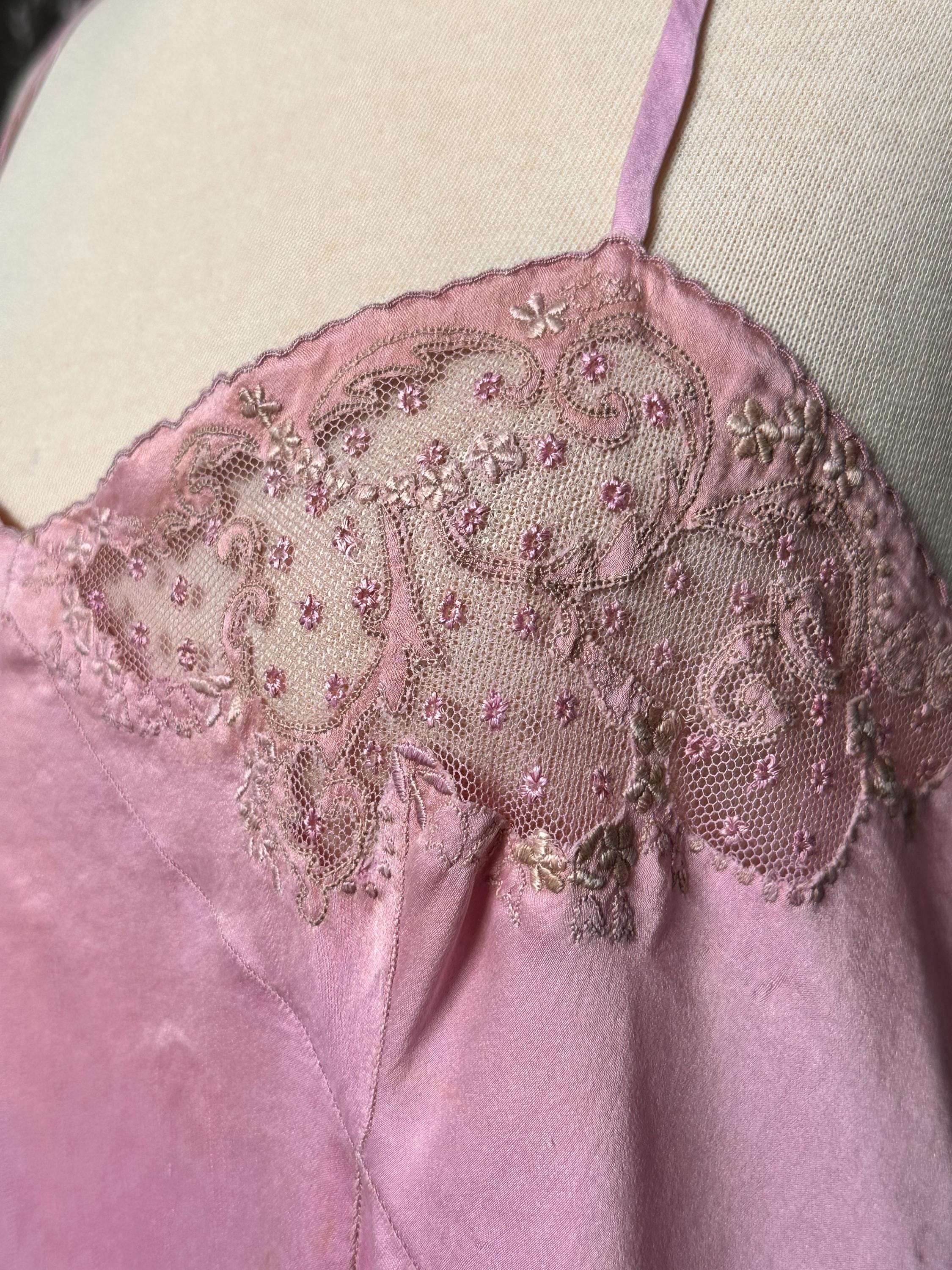 Large size. Antique 1930s Lilac Silk Slip – Authentic Lace embroidery Inset Bias-Cut
