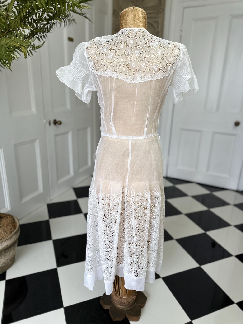 1940s white organdie cutout lace dress