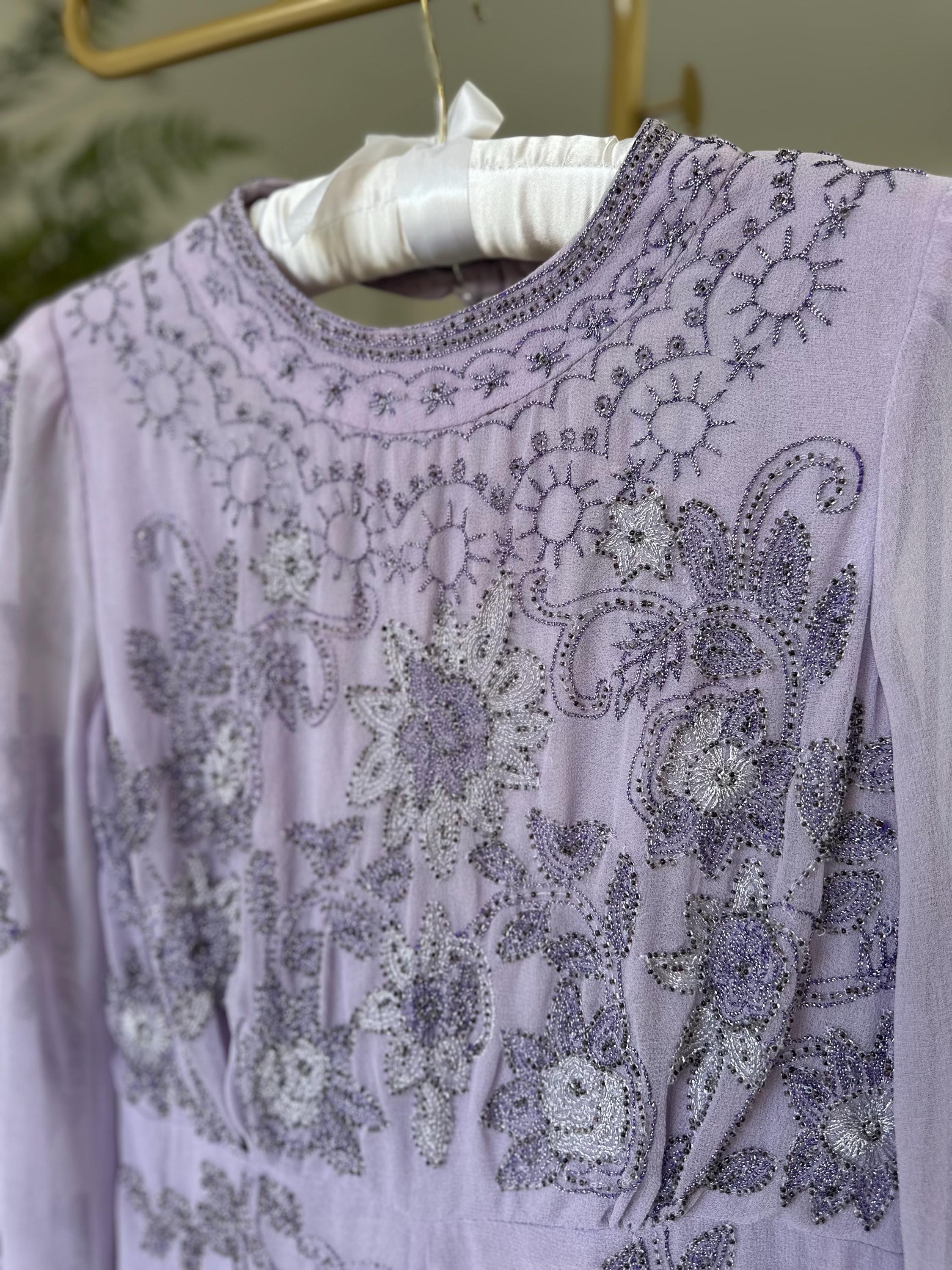 Vintage chiffon Lavender Beaded Floral Romper with Open Back and Long Sleeves