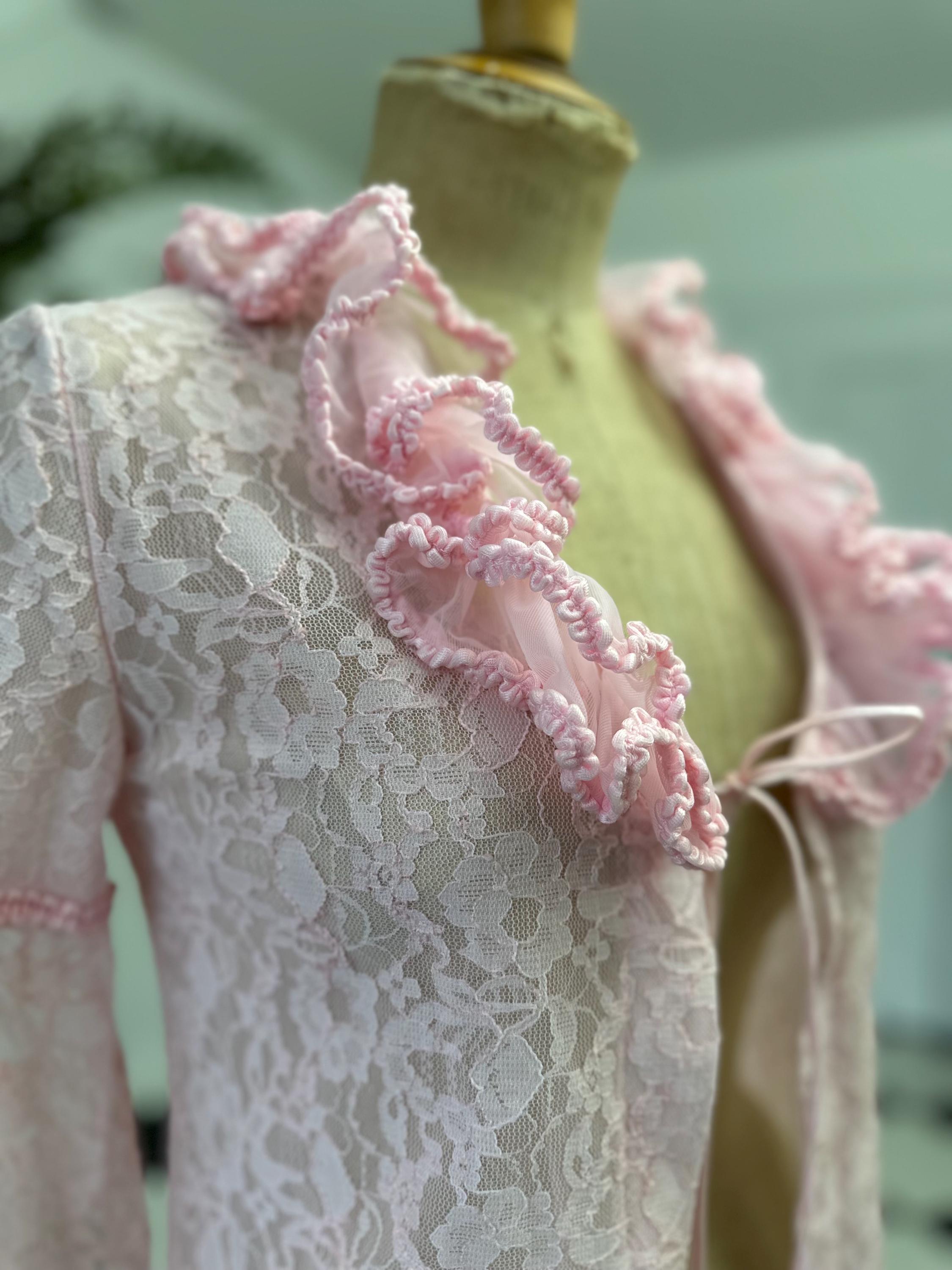 Vintage 1970 Pink Lace Peignoir  Bell Sleeves  Ruffle Neckline