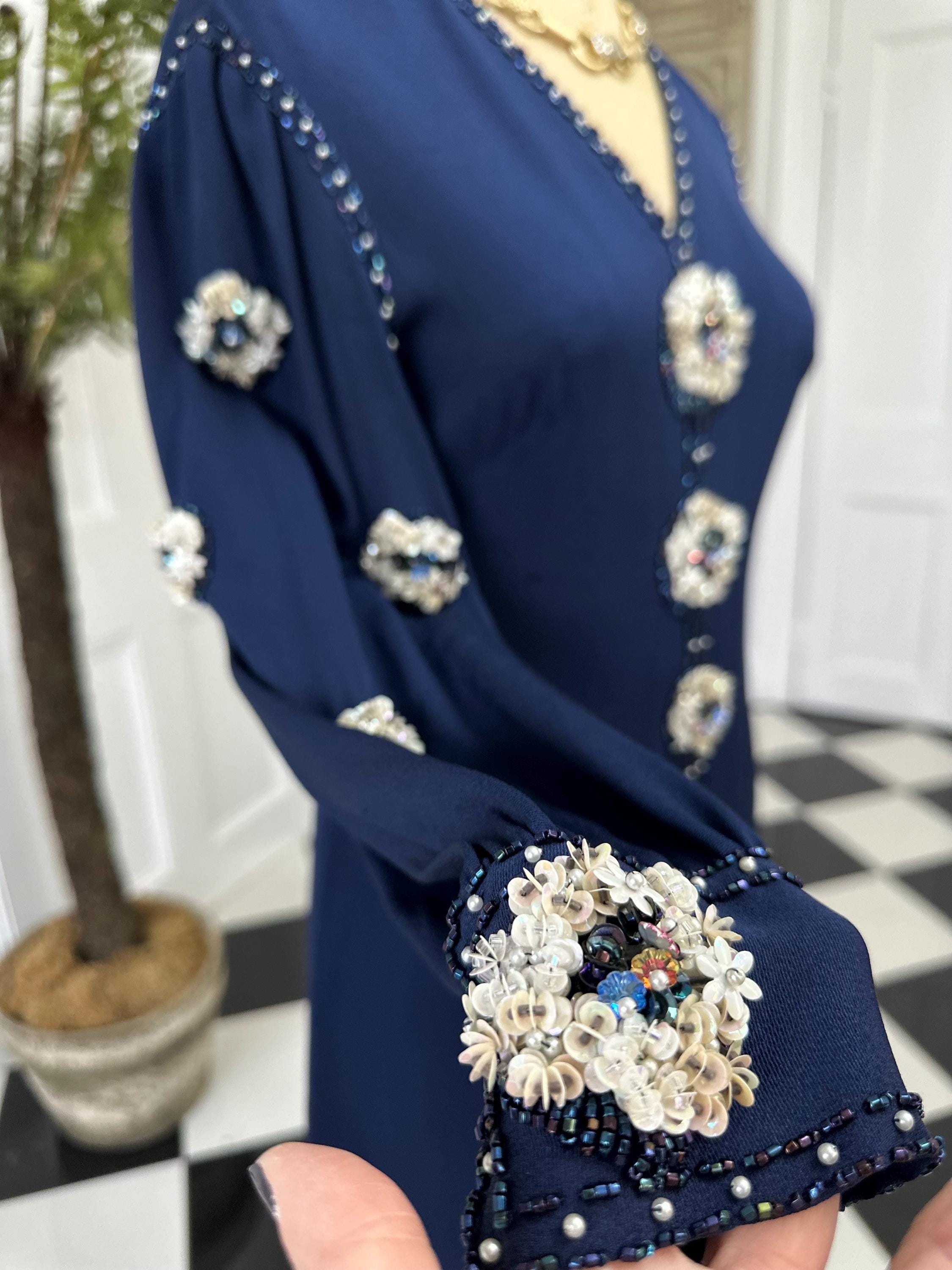 1970s Navy blue silk sequin and beaded knee length evening dress