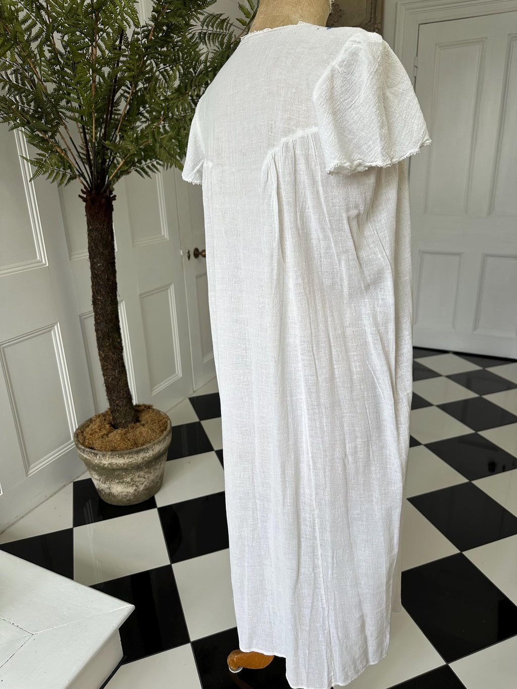 1970s hand loomed cotton muslin  hand embroidered smock dress