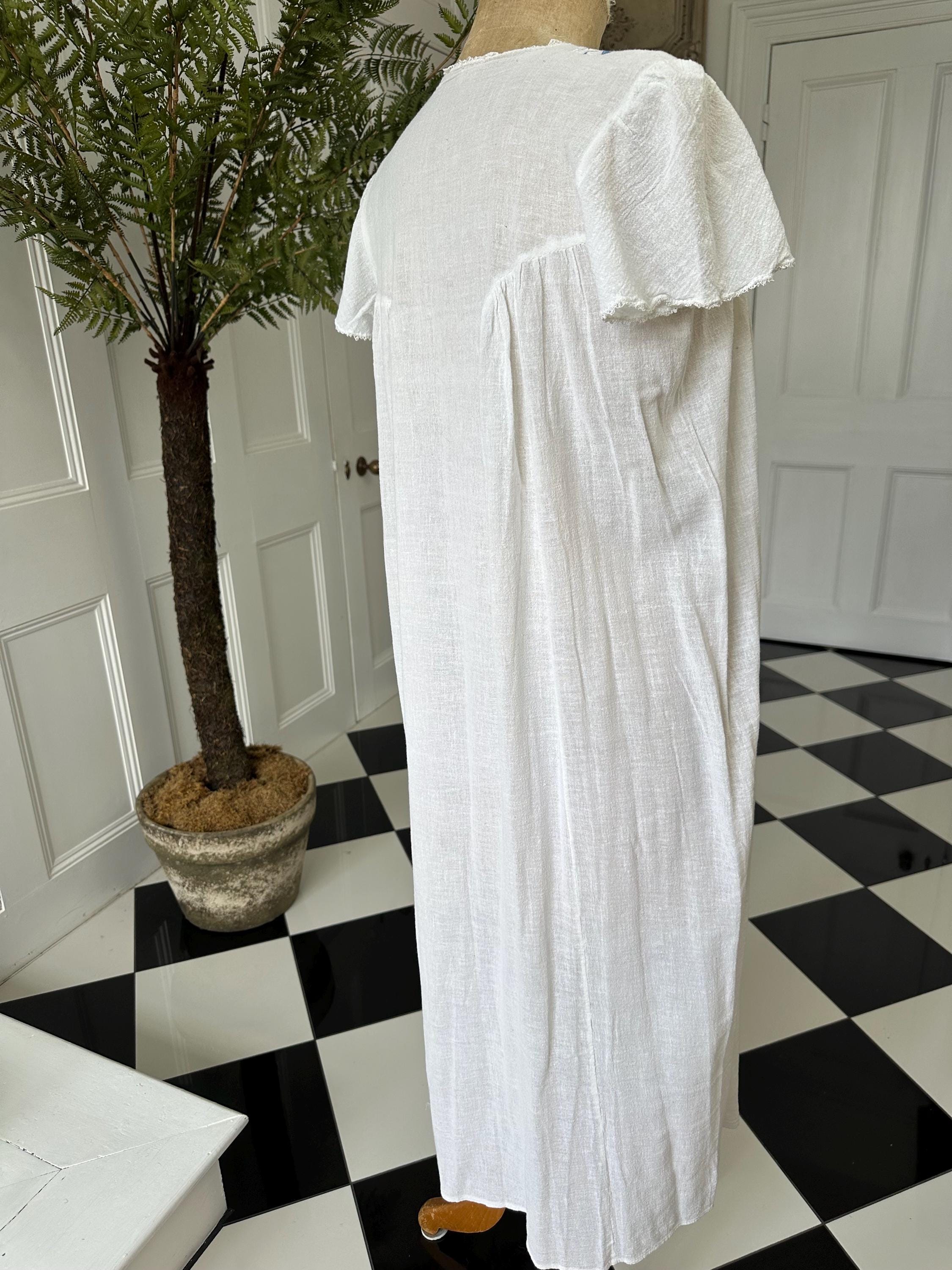 1970s hand loomed cotton muslin  hand embroidered smock dress