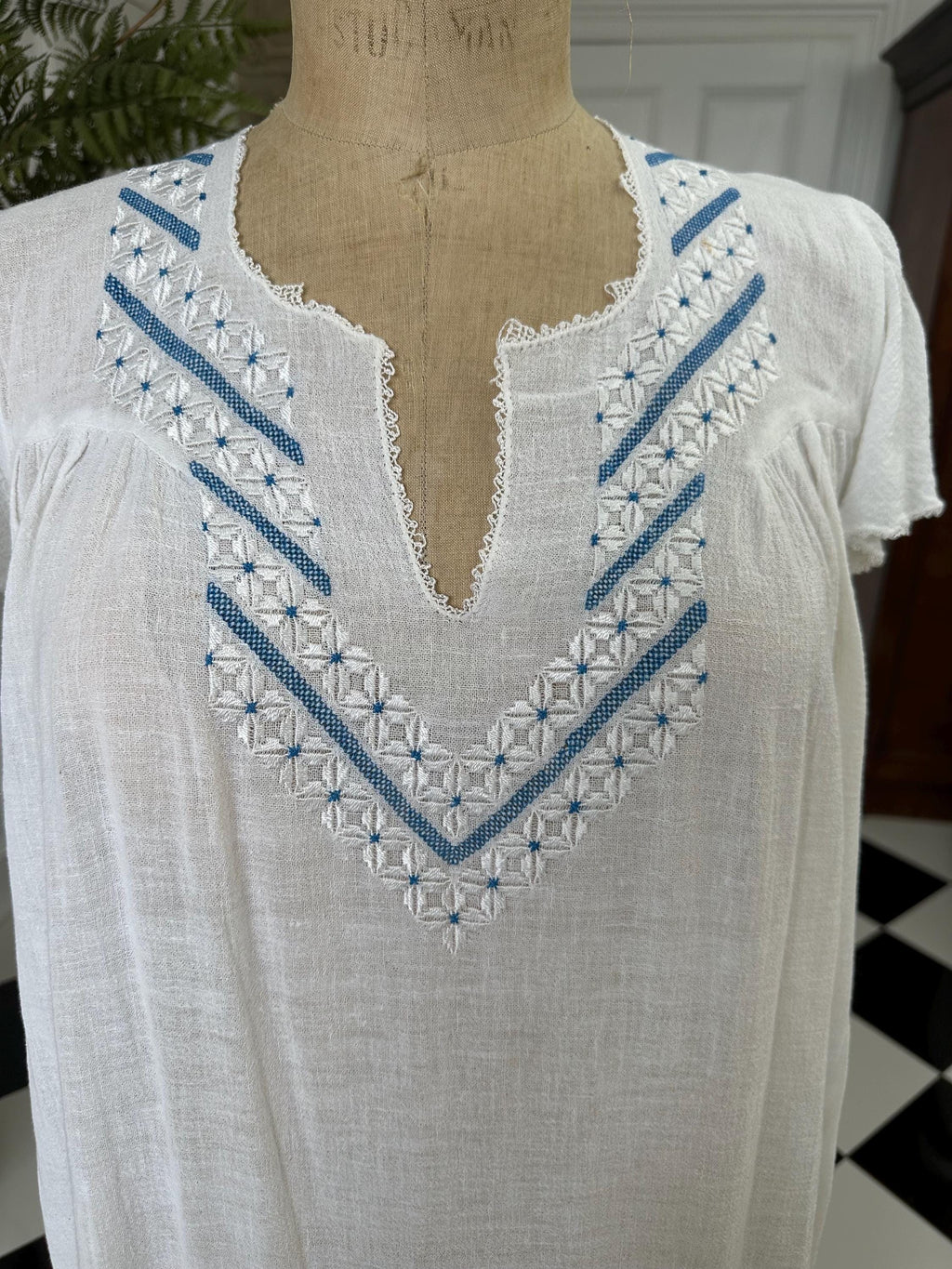 1970s hand loomed cotton muslin  hand embroidered smock dress