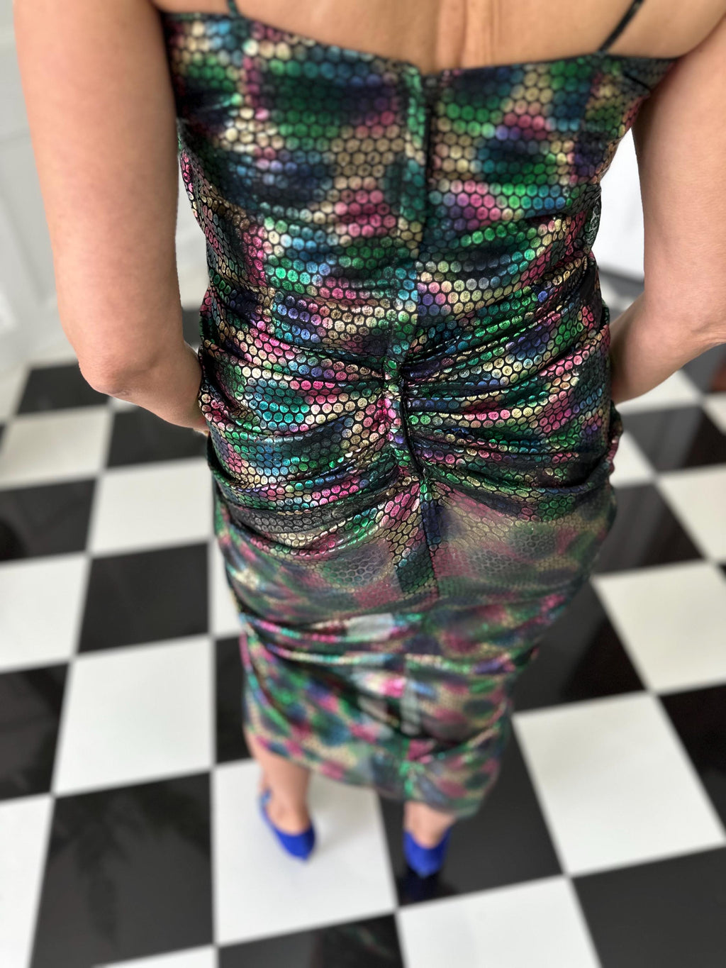1980s vintage iridescent mermaid scale ruched cocktail  dress