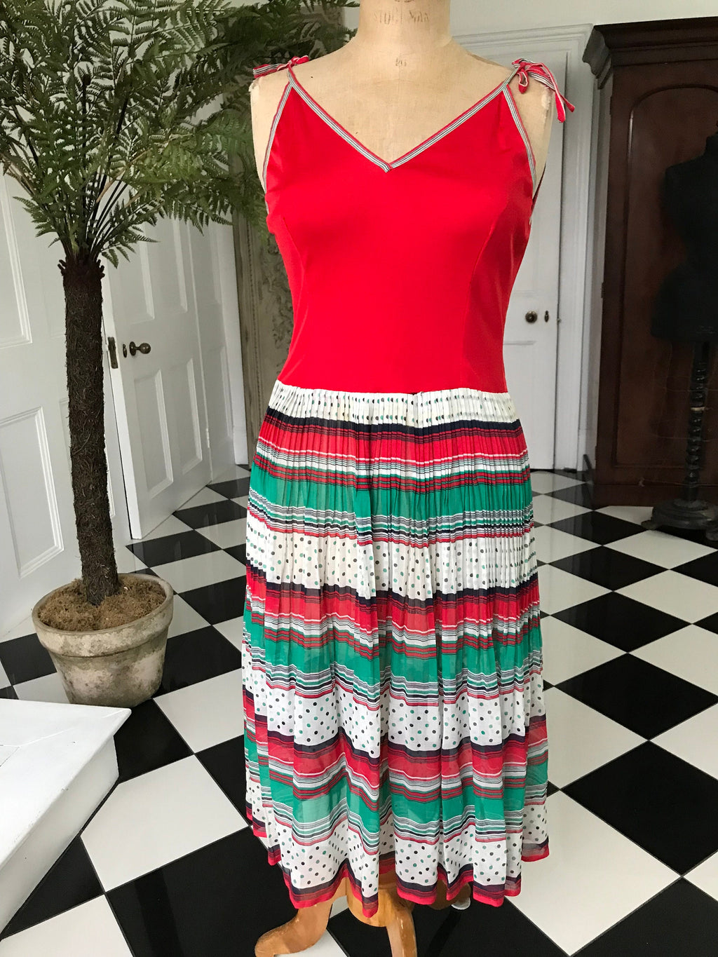 1970s string strap  multi colour summer dress with muslin skirt and jersey top