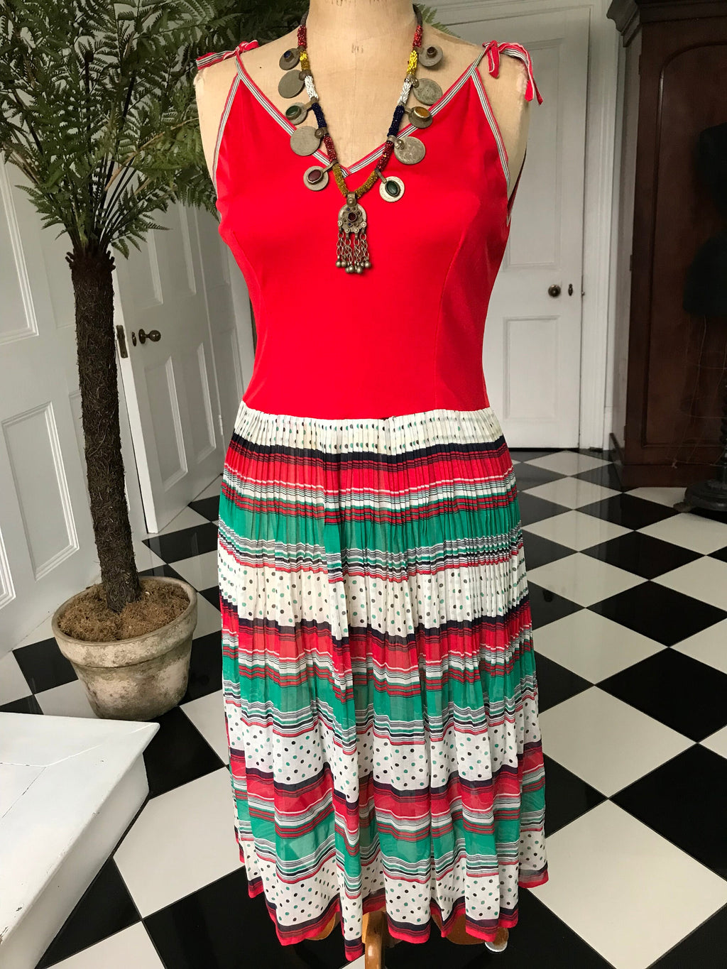 1970s string strap  multi colour summer dress with muslin skirt and jersey top