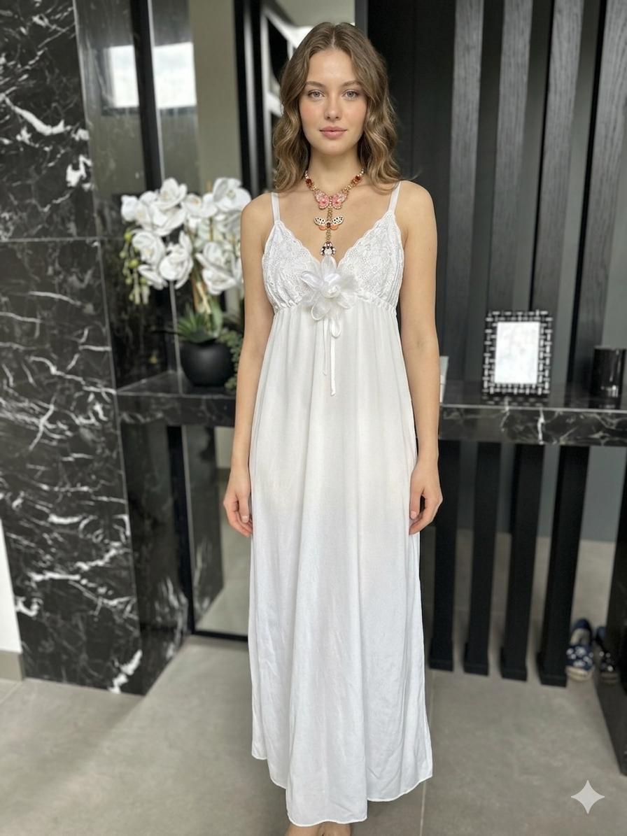 1970s white long satin slip dress with embroidery to the front.