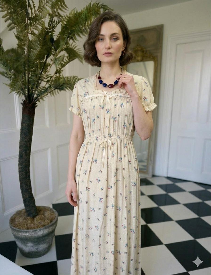 Vintage 1940s Silk Dress with Tiny Floral Details