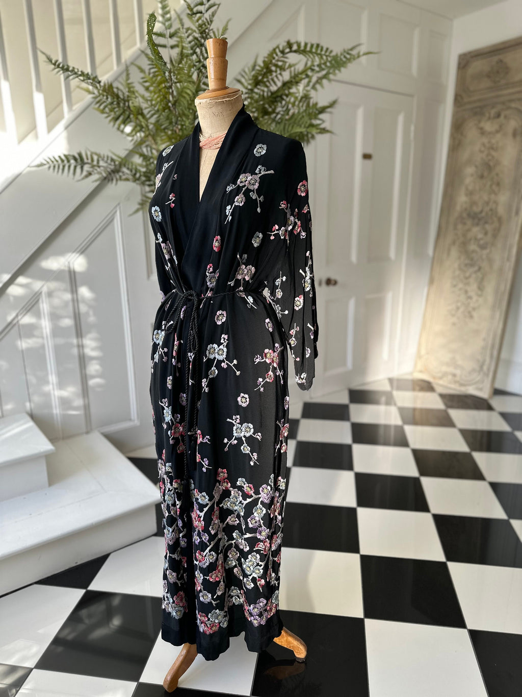 1930s black kimono with pastel colour silk flowers embroidery