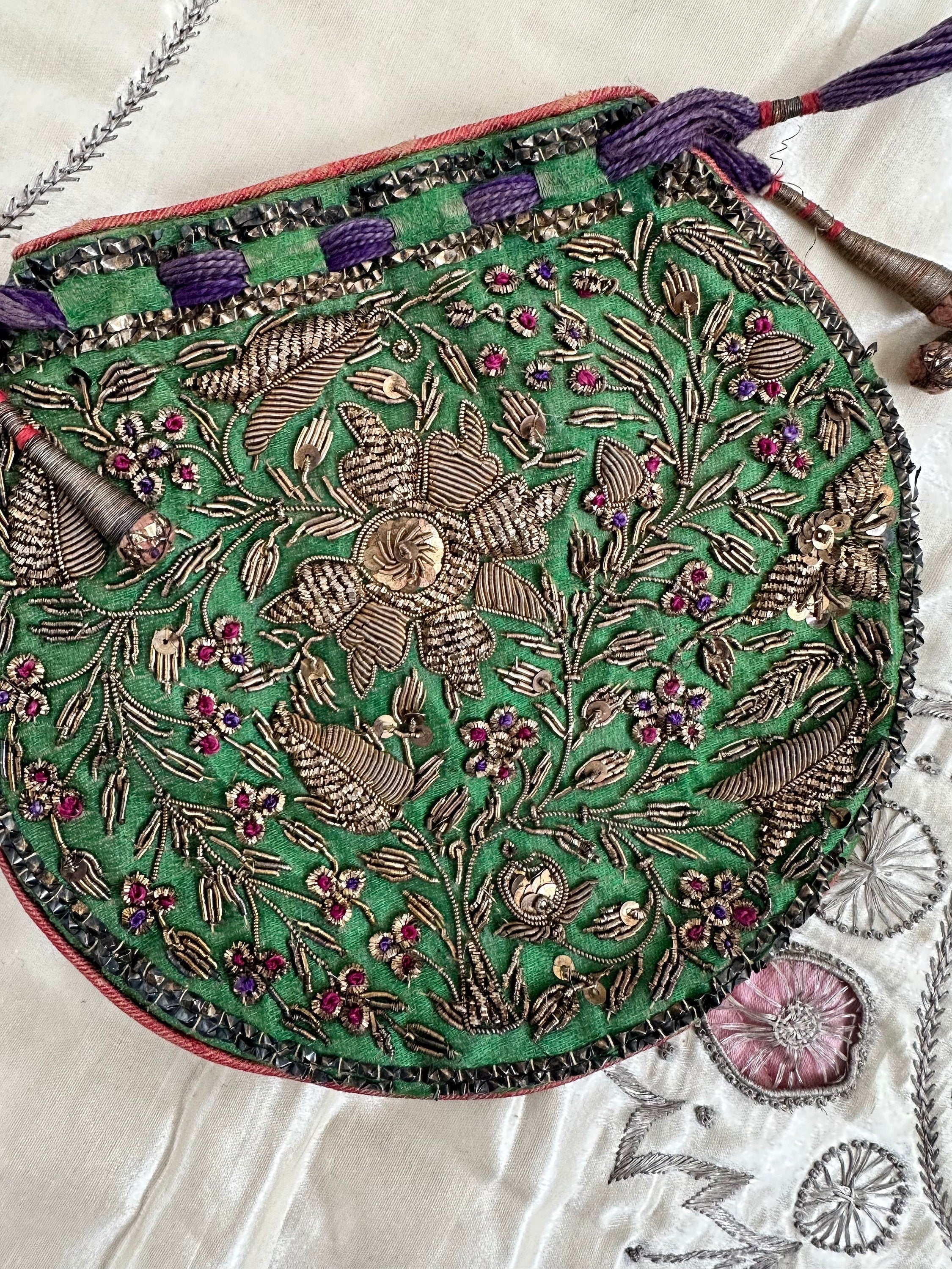 Antique Zardozi Purse: 19th Century Emerald Green Satin Coin Purse