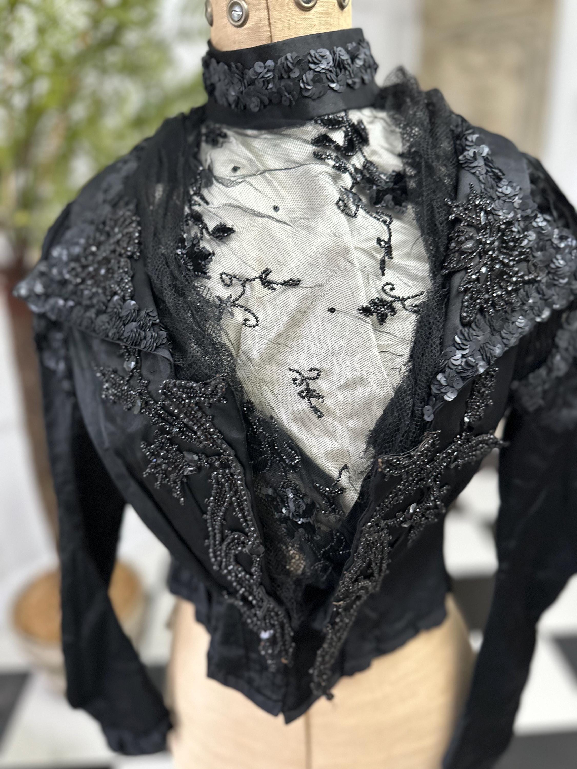 Antique Black Silk Satin Dress: Sequin Beaded Tulle Bodice, Collectible Vintage