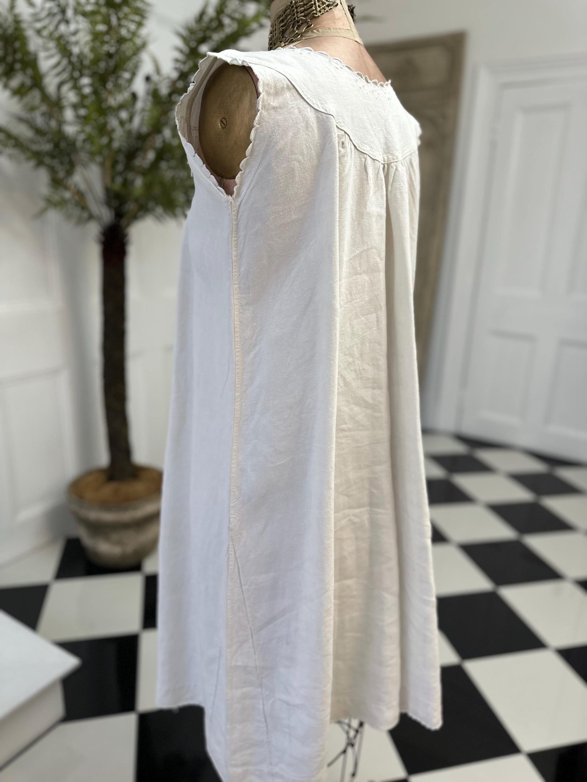 Antique Linen Smock Dress: Hand Embroidered Monogram, UK 8-10