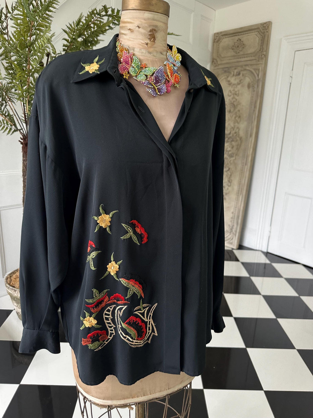 Vintage 1980s Black Long Sleeve Blouse with Embroidered Collar