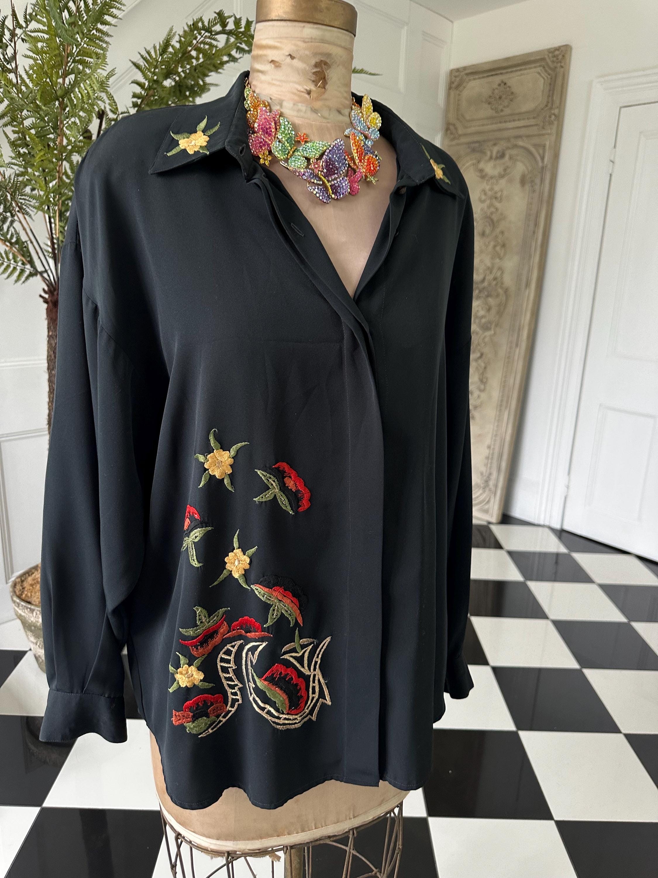Vintage 1980s Black Long Sleeve Blouse with Embroidered Collar