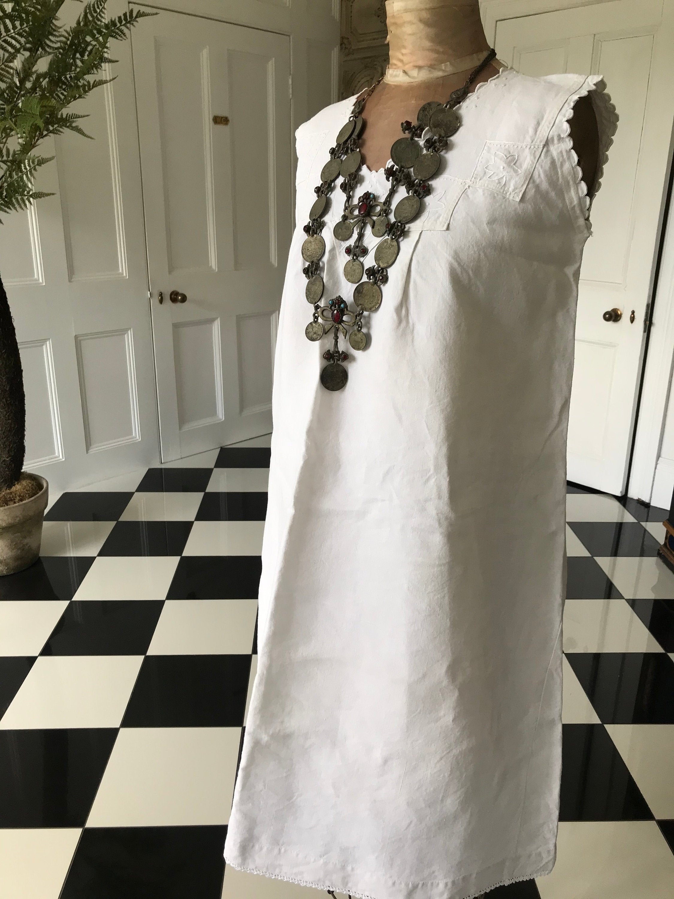 Antique Linen Smock Dress: Hand Embroidered Monogram, UK 8-10