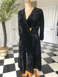 1930 1940s Black velvet dress with gold dress clip