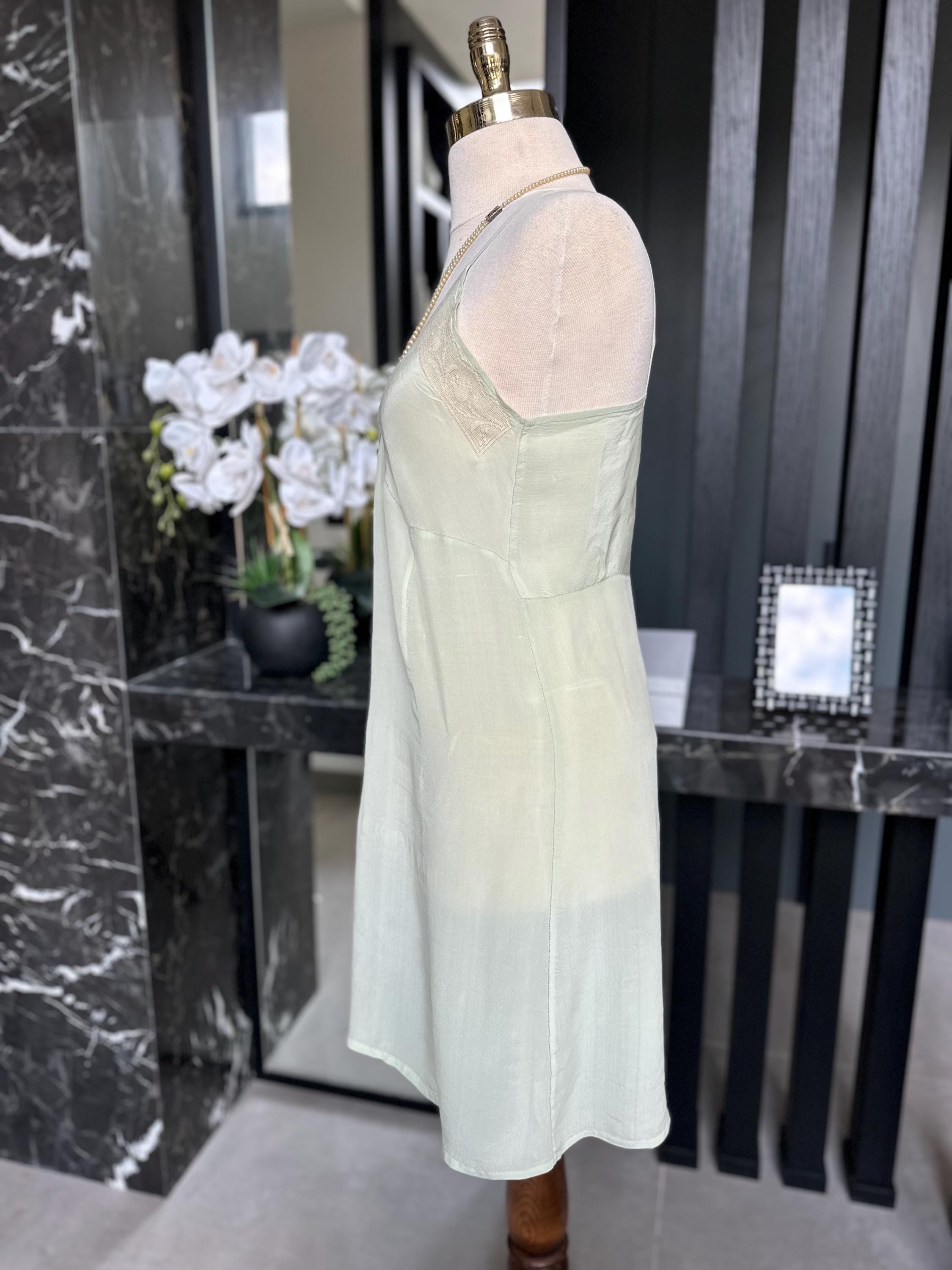 Antique 1930s Mint Green Silk Slip – Authentic Lace Inset Bias-Cut Dress