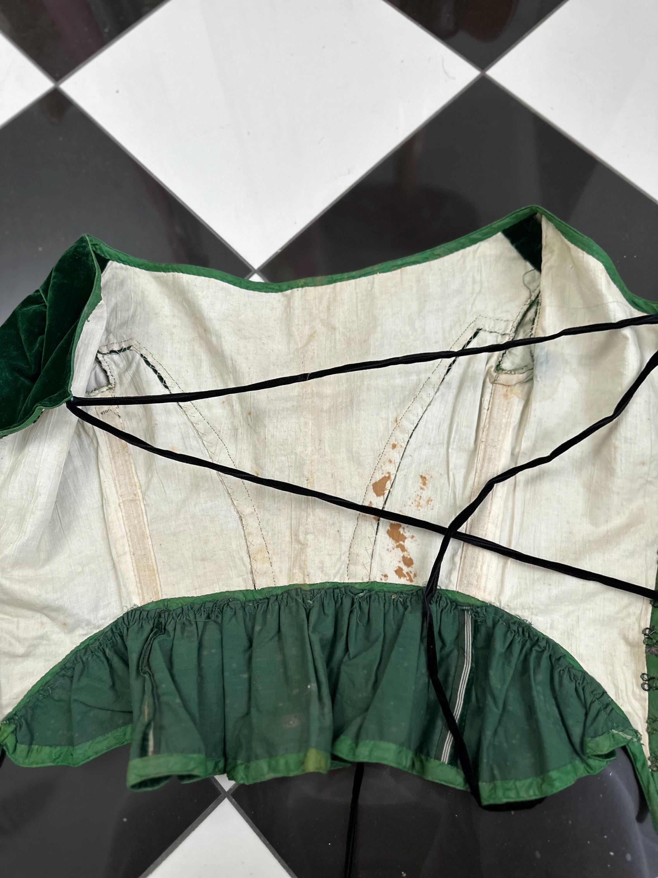 1860s Emerald Green Velvet Bodice Corset: Antique Ribbon, Collectible