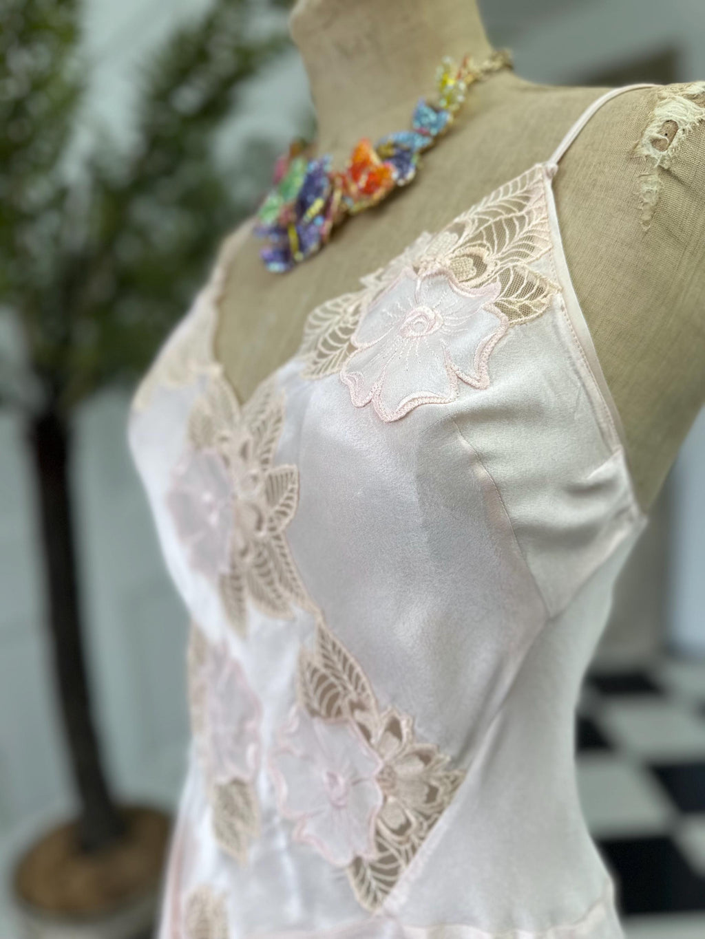 Vintage Pink Mini Silk Slip with Lace - Sexy Front Split with thin Straps