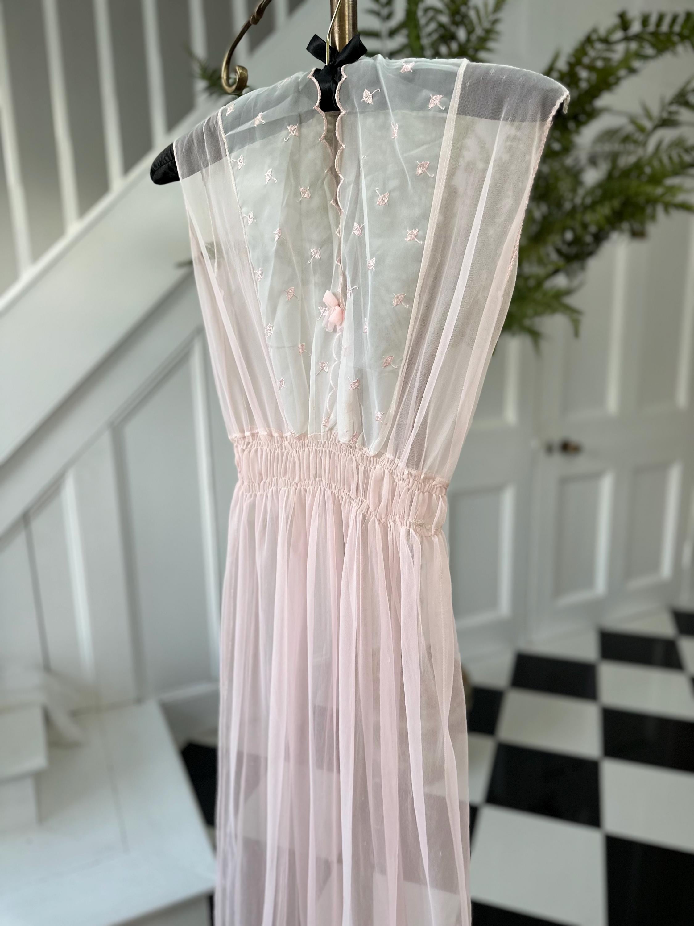 1970s Vintage baby pink sheer long negligee slip dress