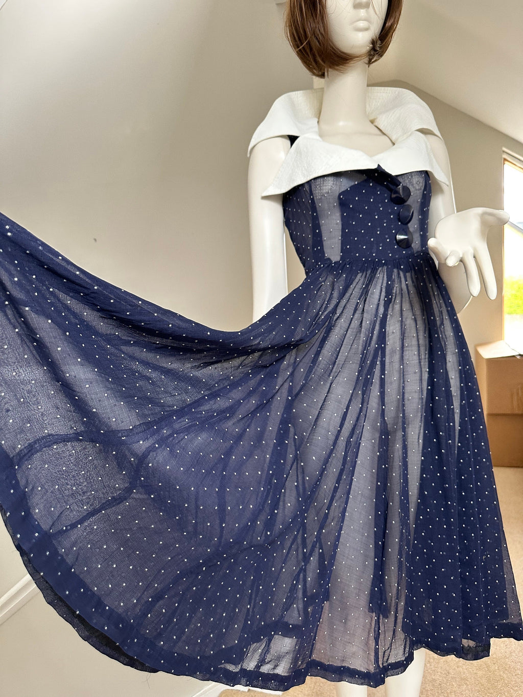 1940s Muslin Navy and white polka dot full skirt dress with extra large collar
