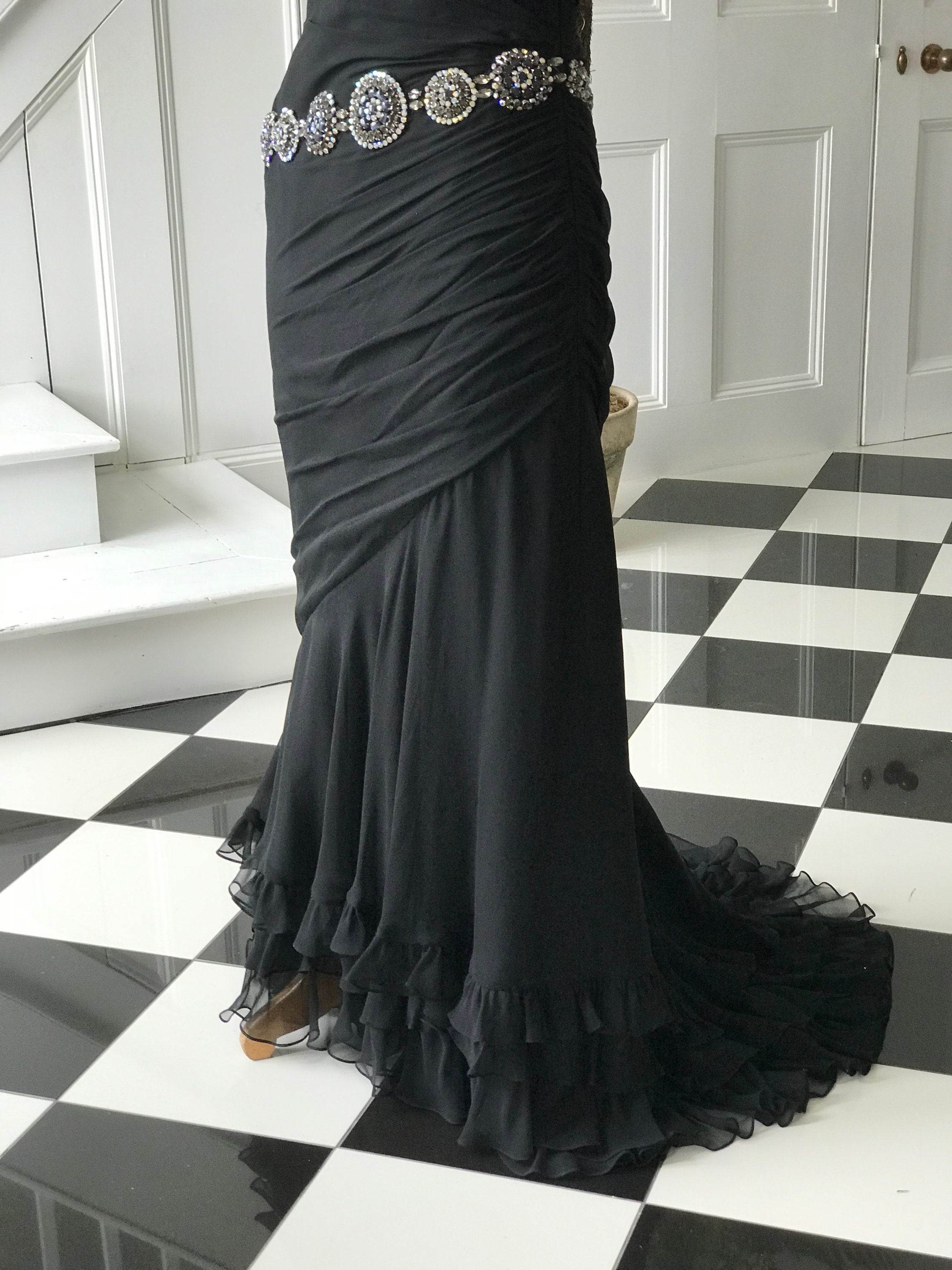Vintage 1980s long black silk crepe mermaid style  party dress with embellishment and ruffles