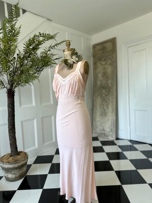 1930s Vintage Long Bias Cut Slip peach Dress by Barbizon