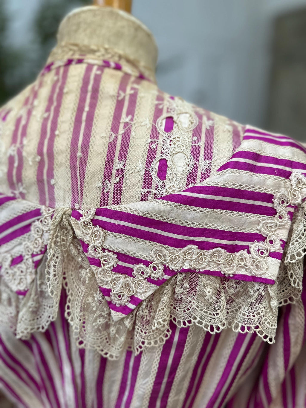 Edwardian Hot Pink Striped Silk Bodice with Lace