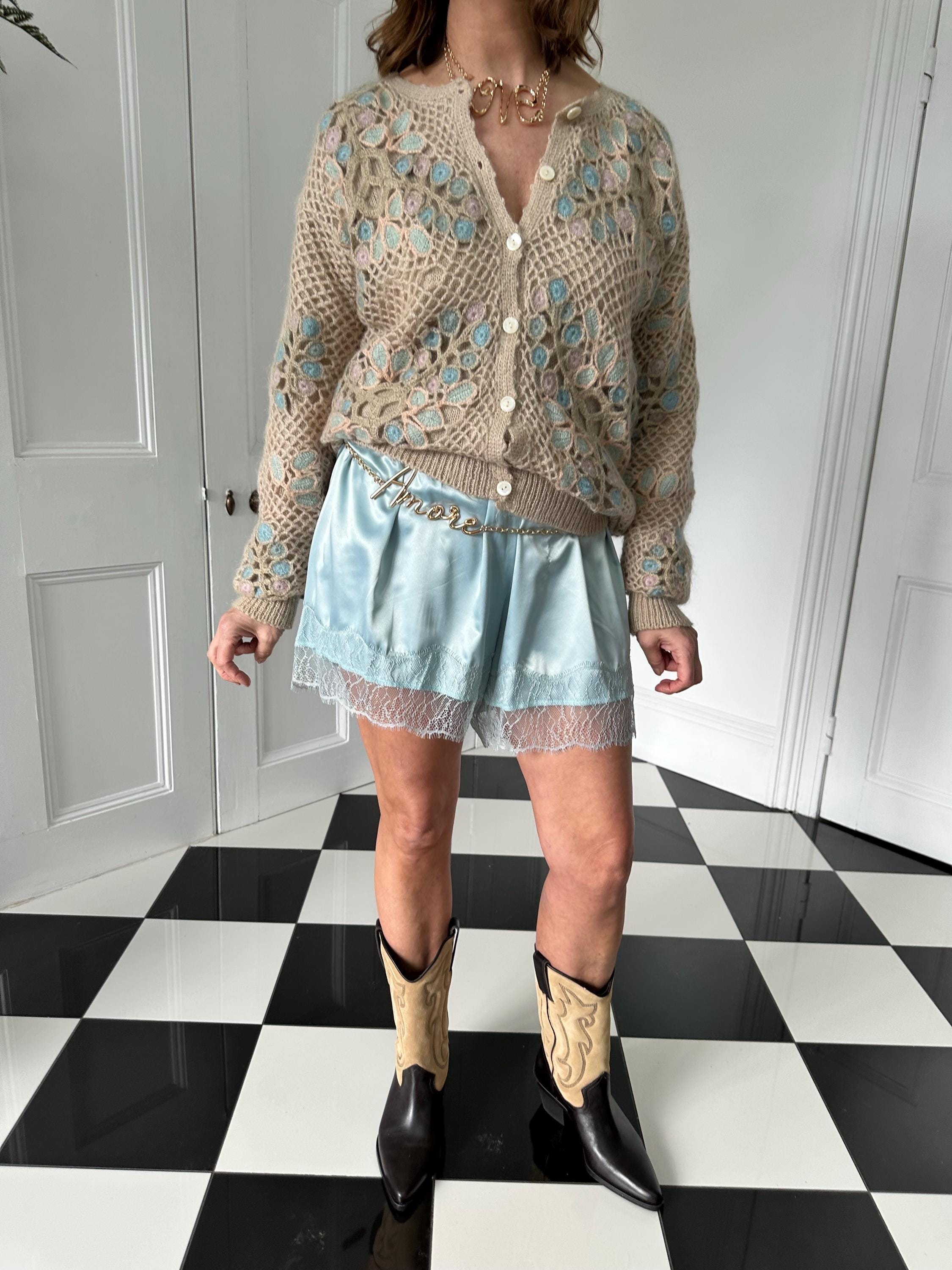 Vintage style duck egg blue French lace and satin tap pants shorts