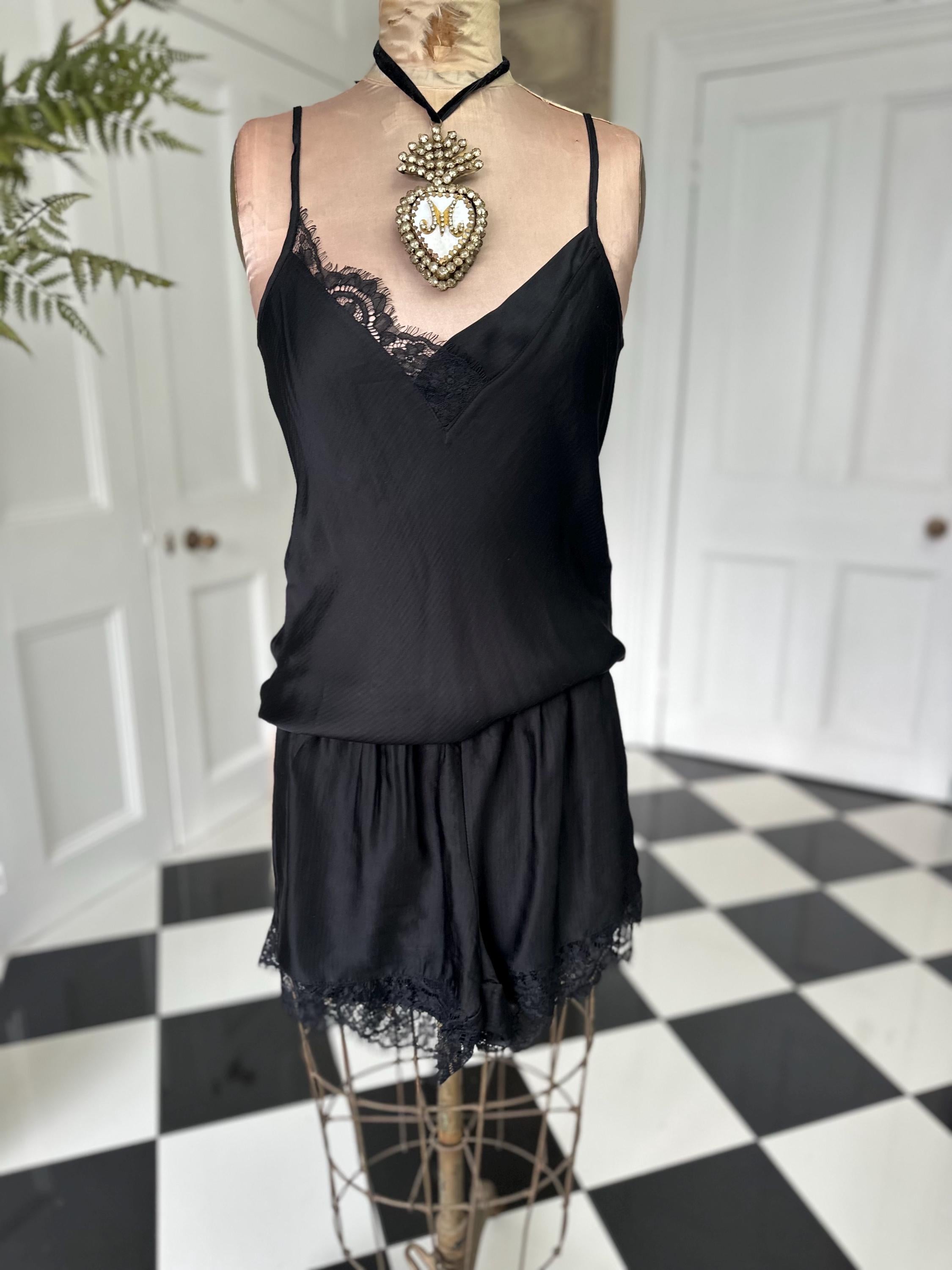Vintage style Pierre Cardin  black silky camisole with lace details and matching top pants