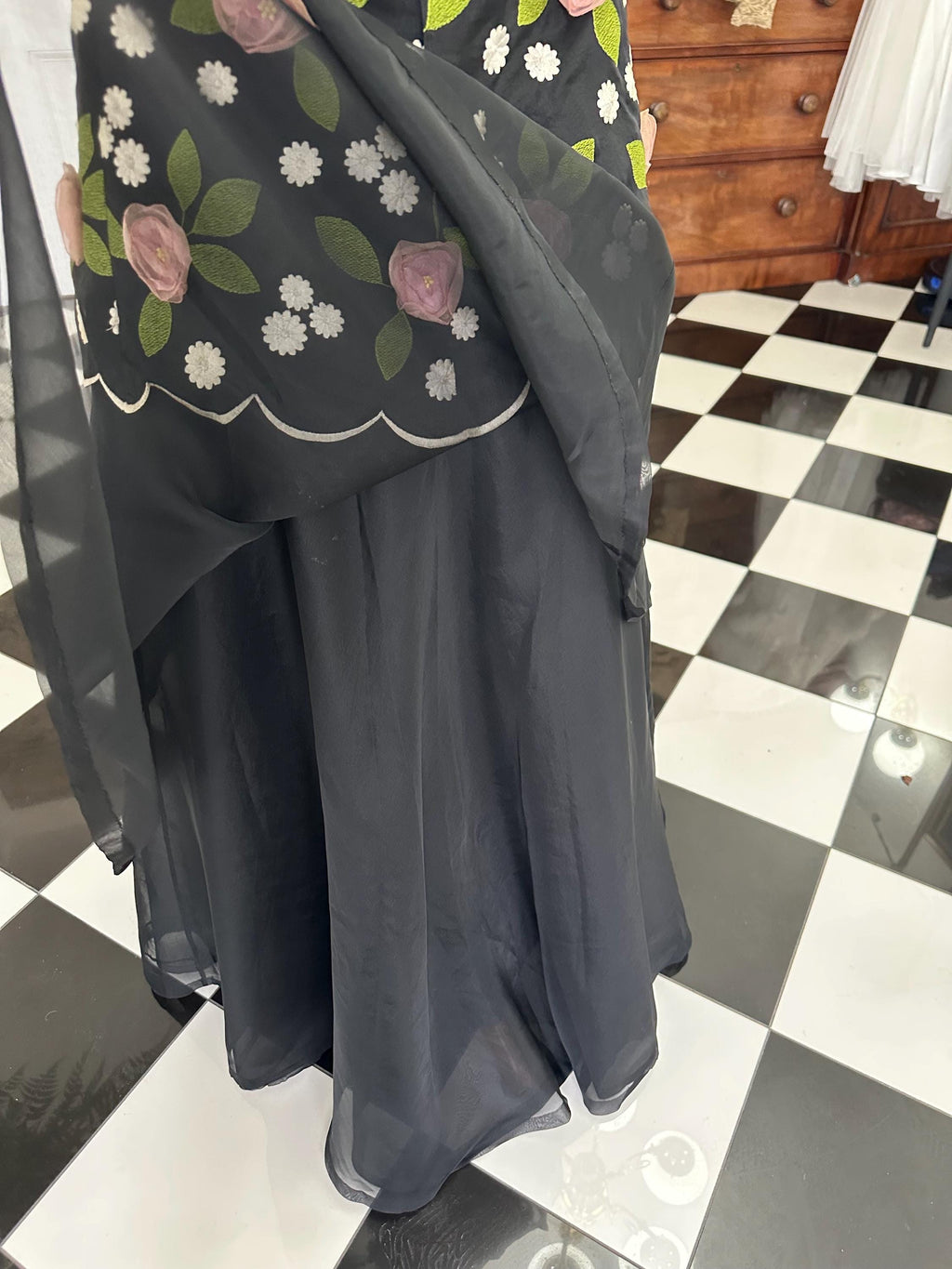 Vintage 1950s silk organdie 2 piece set 3D floral blouse with tiered skirt