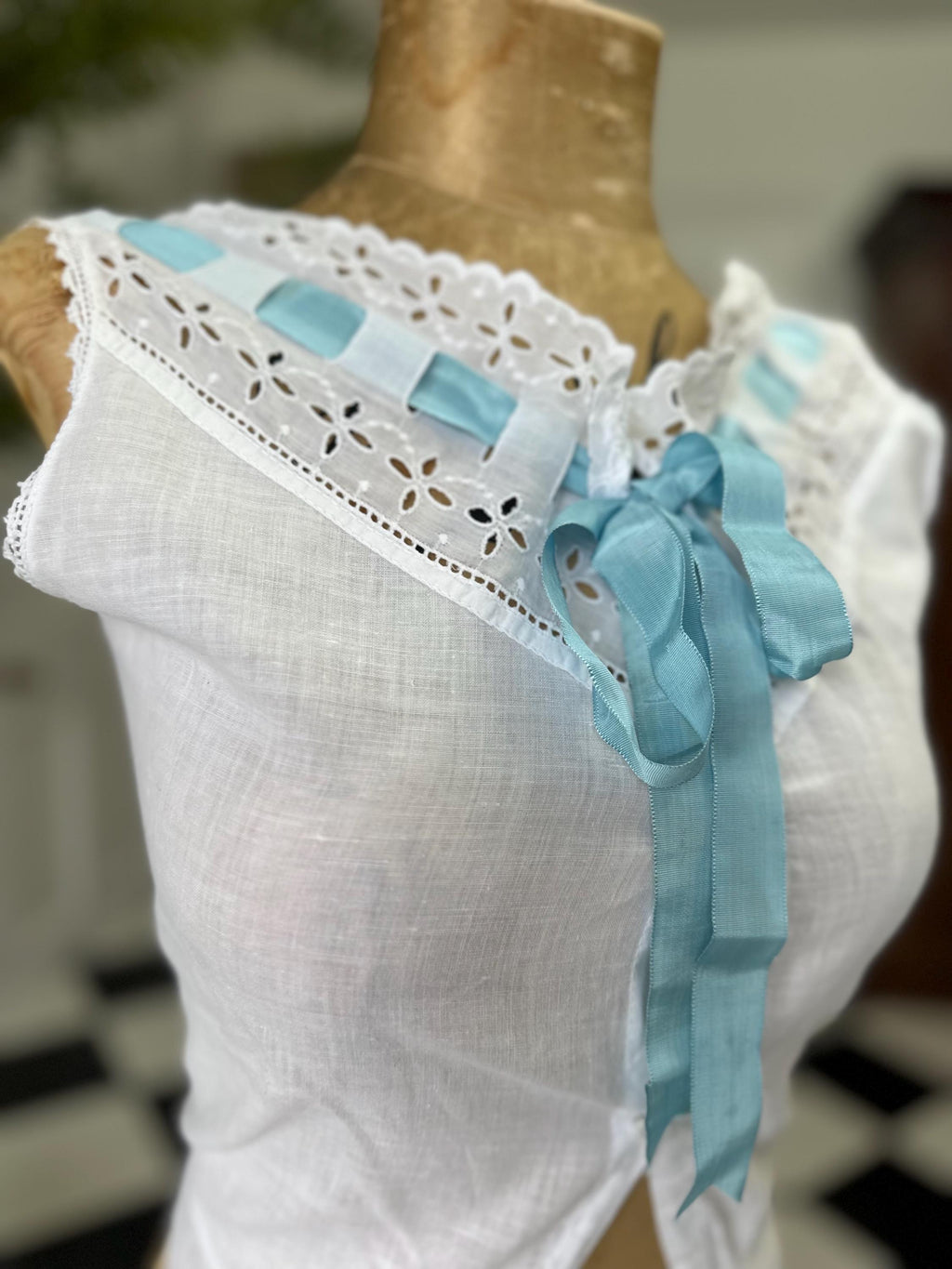 Elegant Edwardian Victorian Corset Cover with blue ribbon