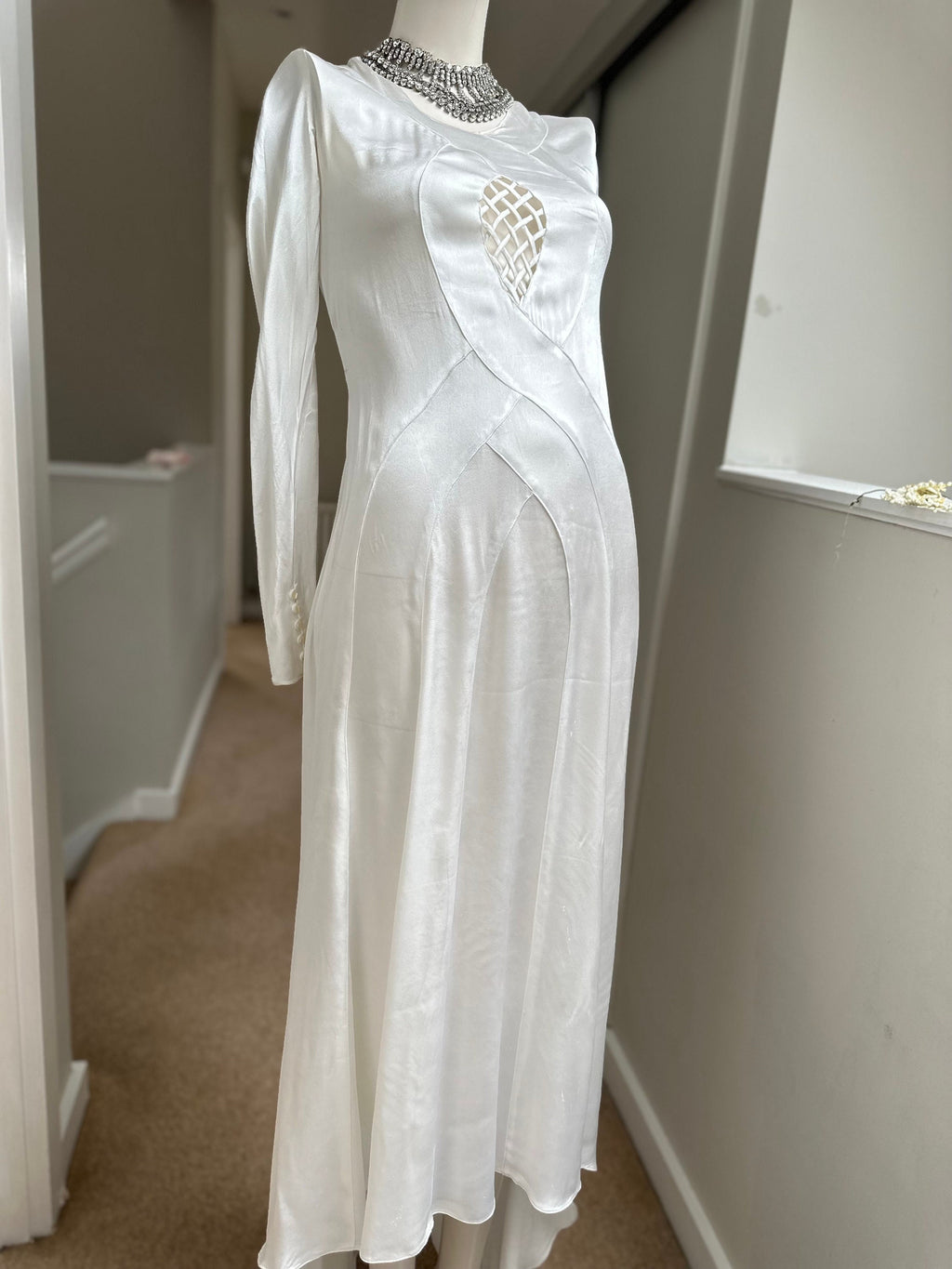 1930s white satin bias cut wedding dress