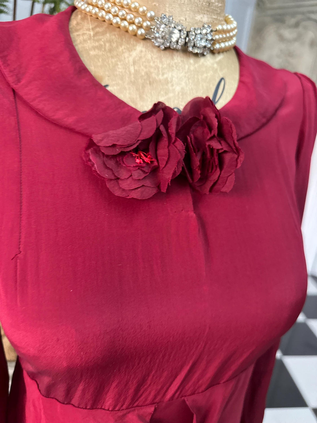 1940 Ruby red peplum dress with silk corsage