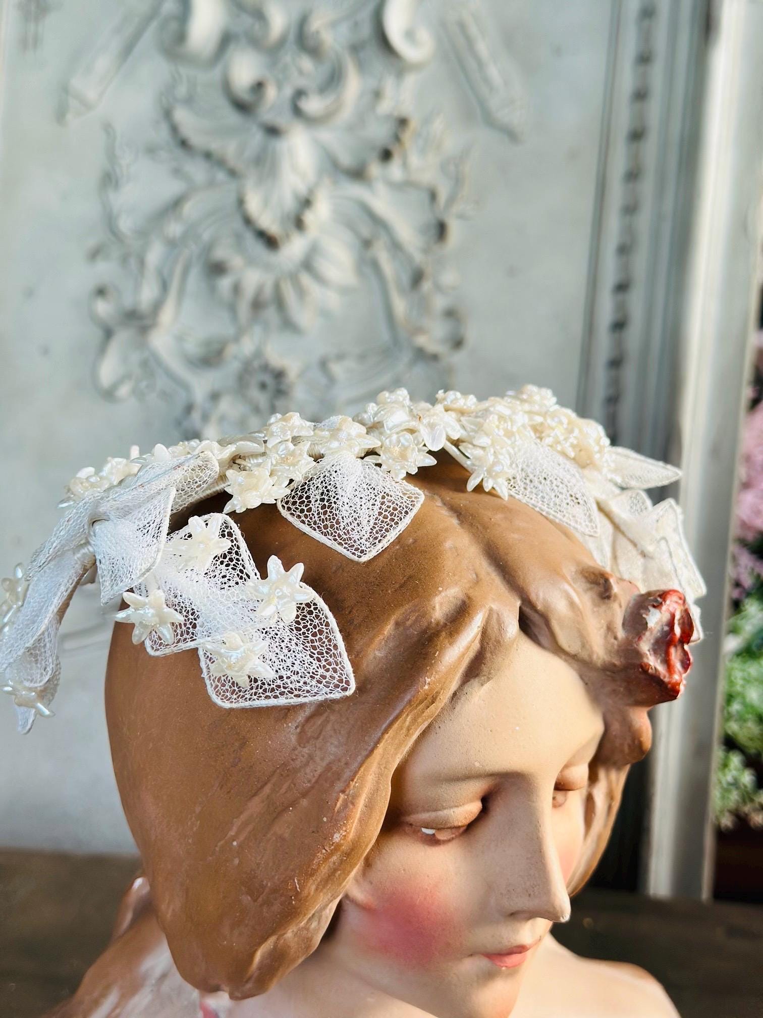 Antique 1940s  Floral Wax Tiara with tulle