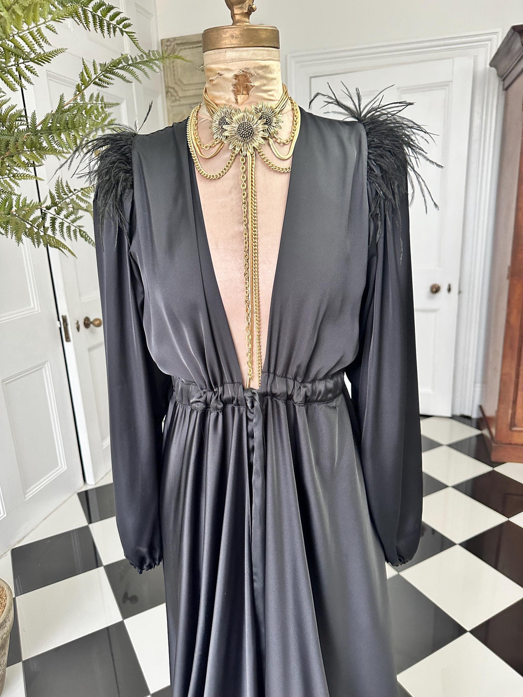 Vintage 1940s style black maxi gown robe with ostrich feather