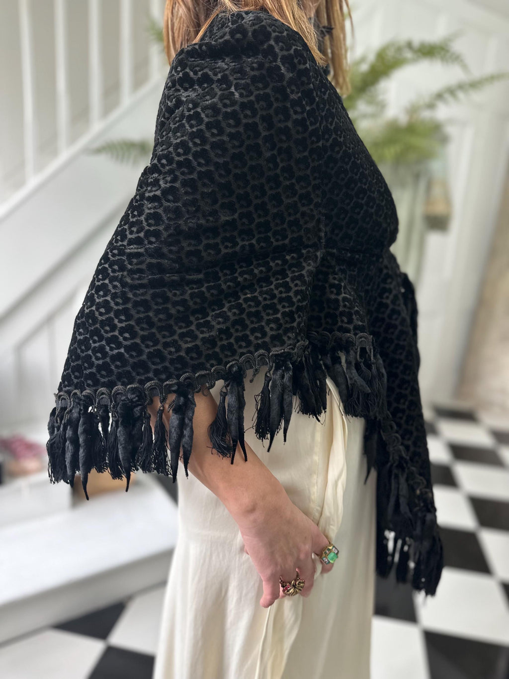 Exquisite 1860s Black Flock Velvet Dolman Cape