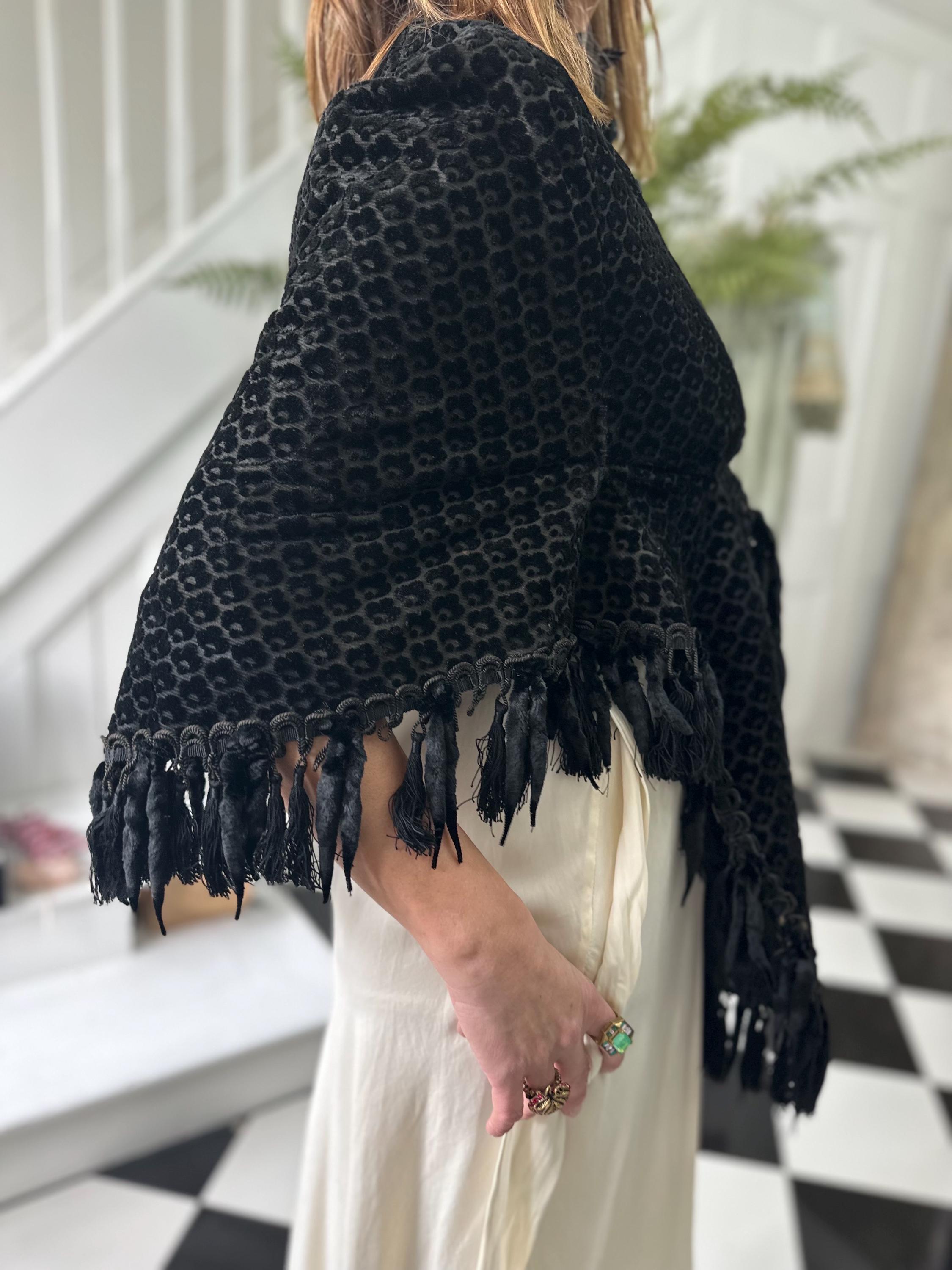 Exquisite 1860s Black Flock Velvet Dolman Cape