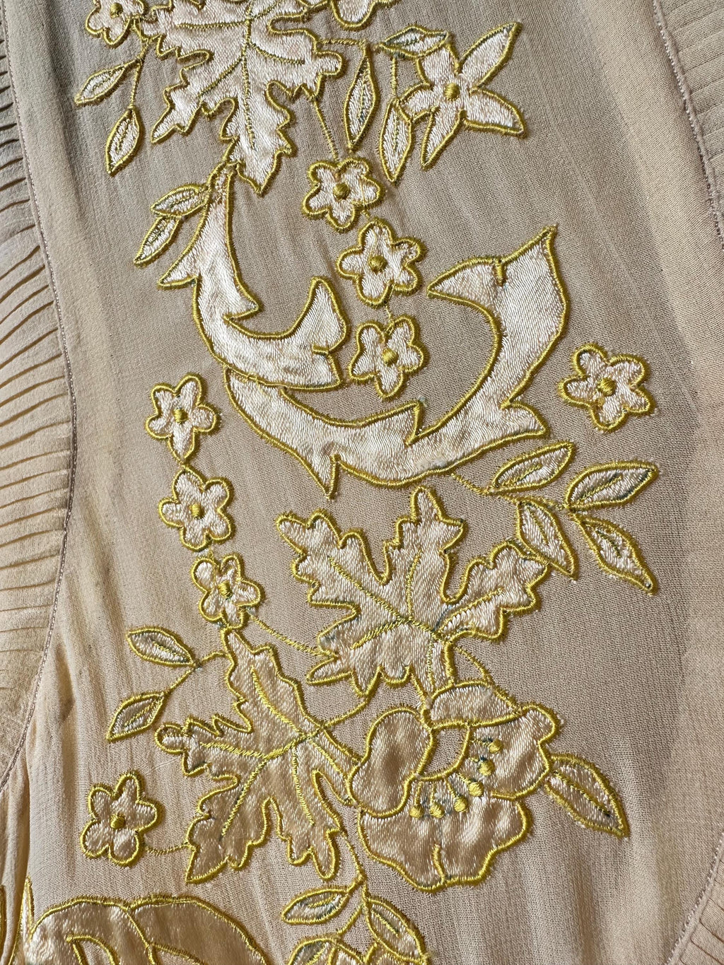 Vintage 1930s yellow Liquid Silk  Hand-Embroidered Charmeuse Bias Cut Gown slip dress