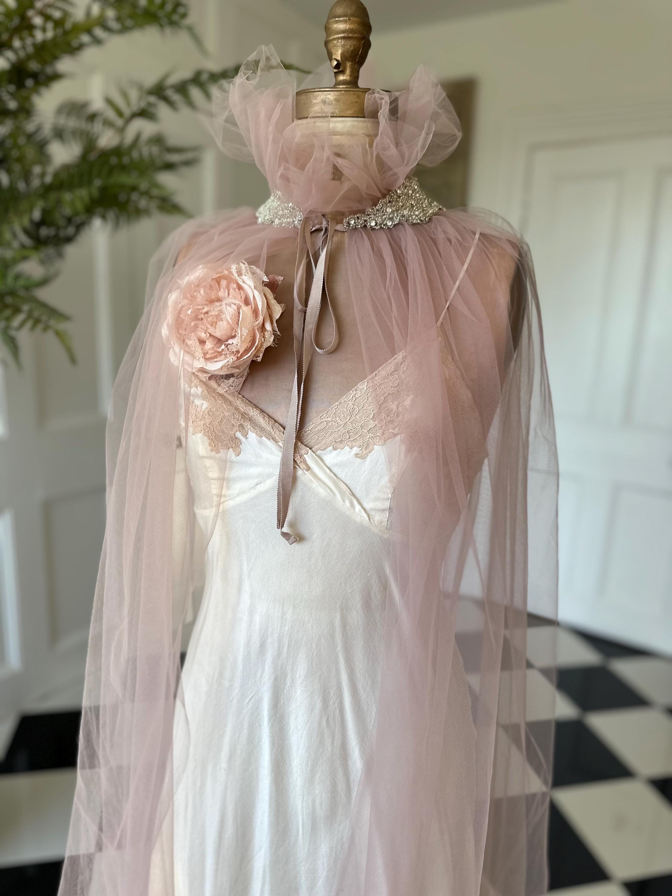 Handmade Vintage embellished soft Tulle Cape in old rose pink