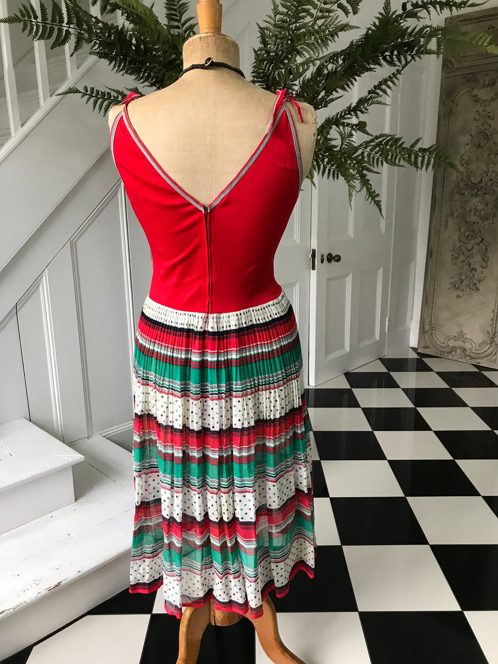 1970s string strap  multi colour summer dress with muslin skirt and jersey top