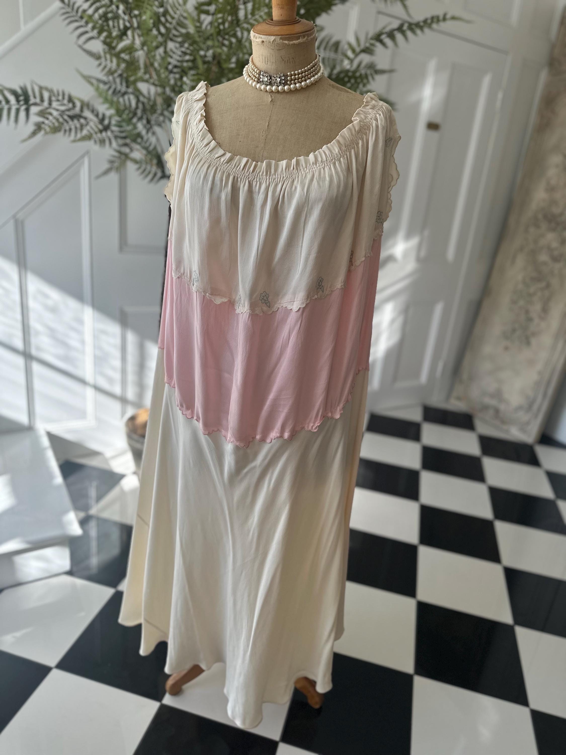 1930s Two-Tone Silk Gown: Pink, Cream, Hand-Embroidered, Scalloped Maxi Dress