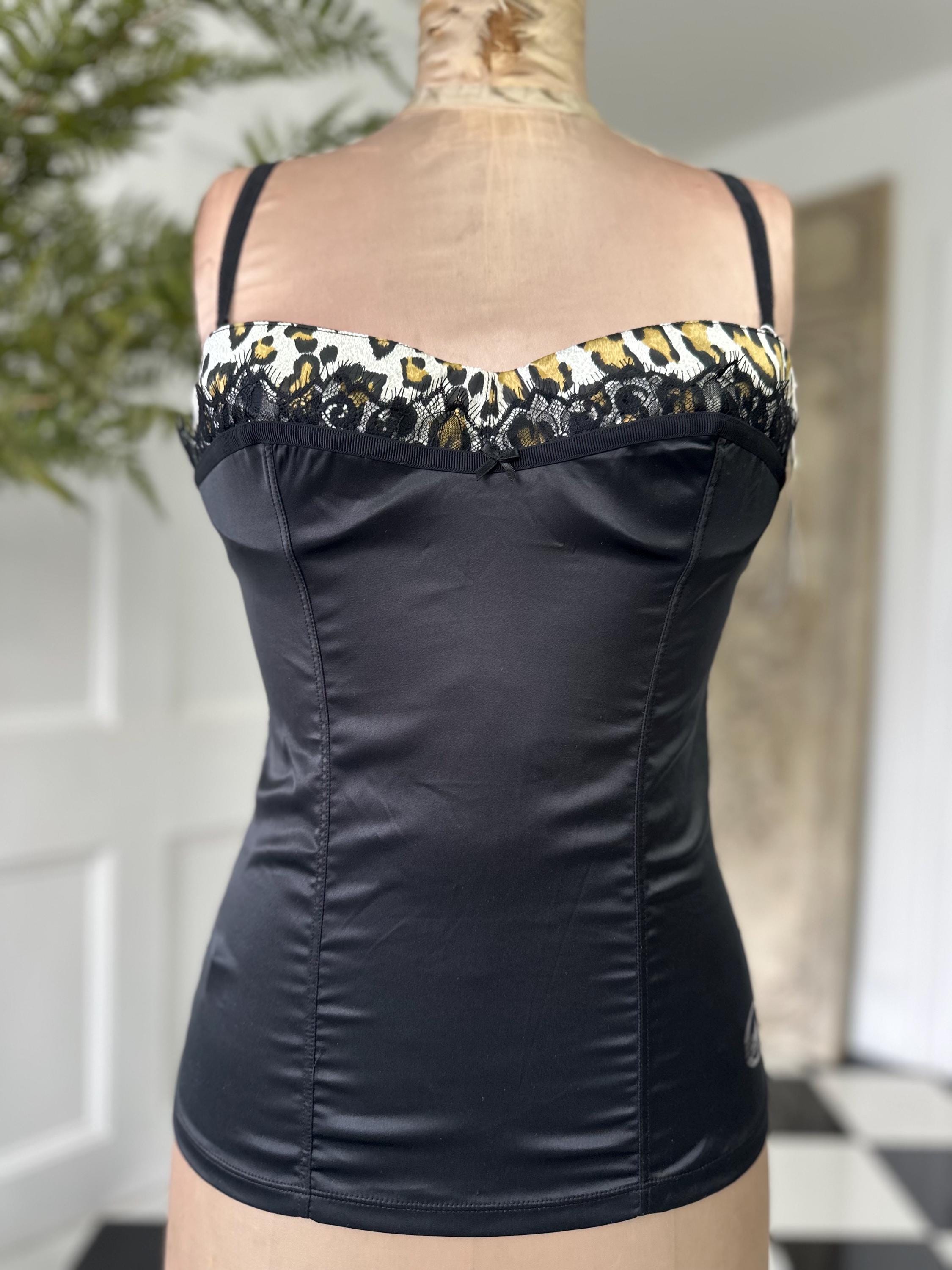 Just Cavalli Elegant Black satin and  Lace bustier with leopard trimming