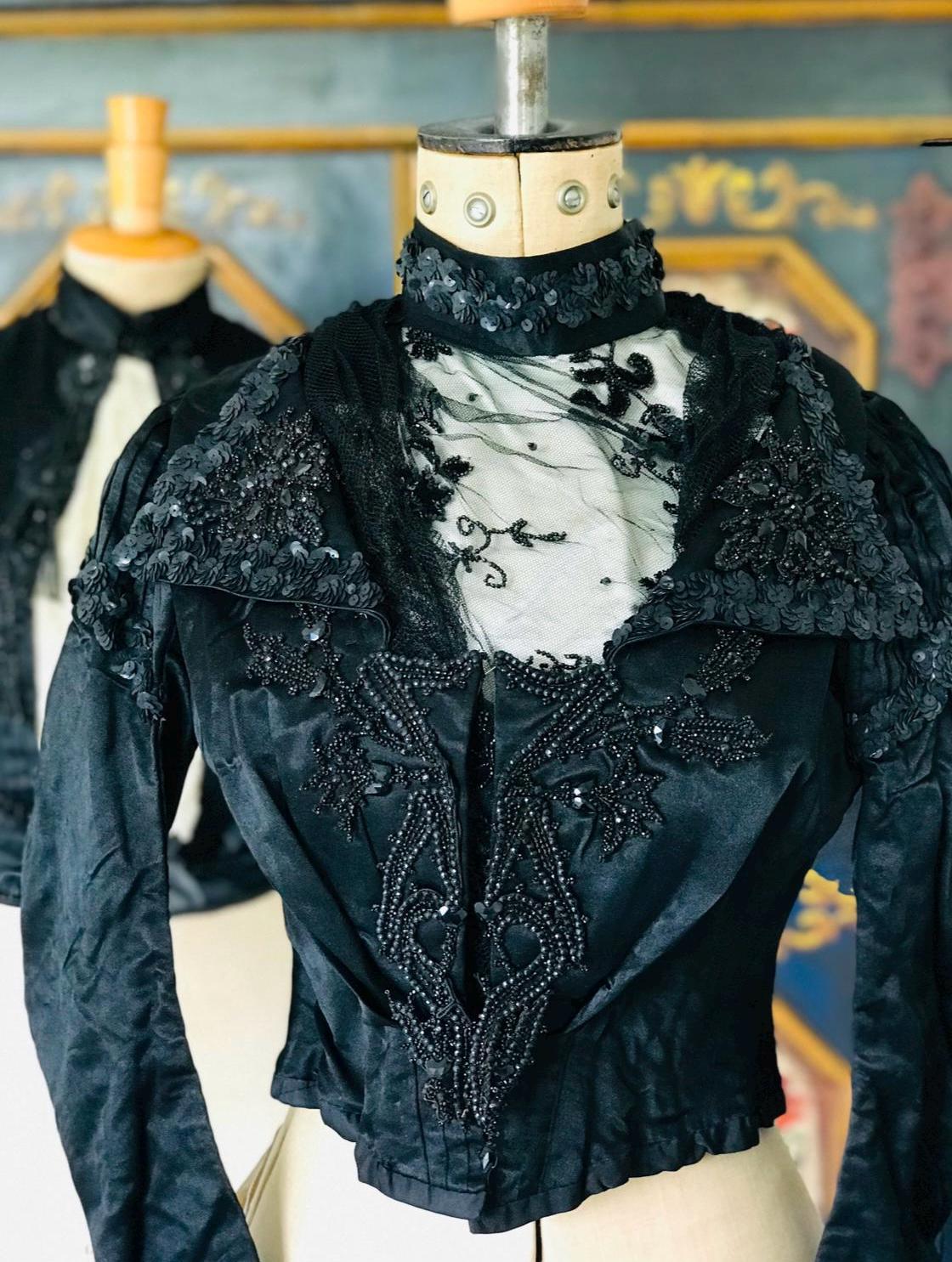 Antique Black Silk Satin Dress: Sequin Beaded Tulle Bodice, Collectible Vintage
