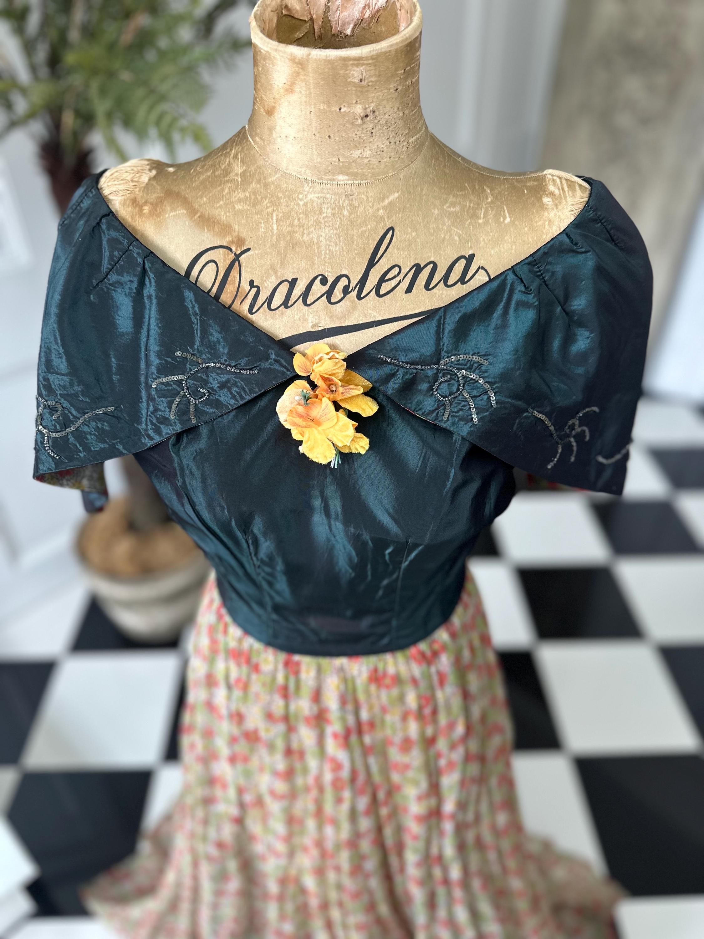 Vintage 1930s 1940s organdie and silk taffeta  ball gown with sequin details