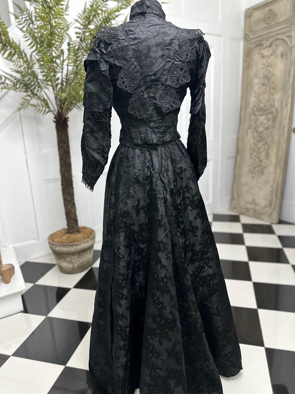 Victorian Black Silk Bodice and Skirt Set: Tape Lace Detail